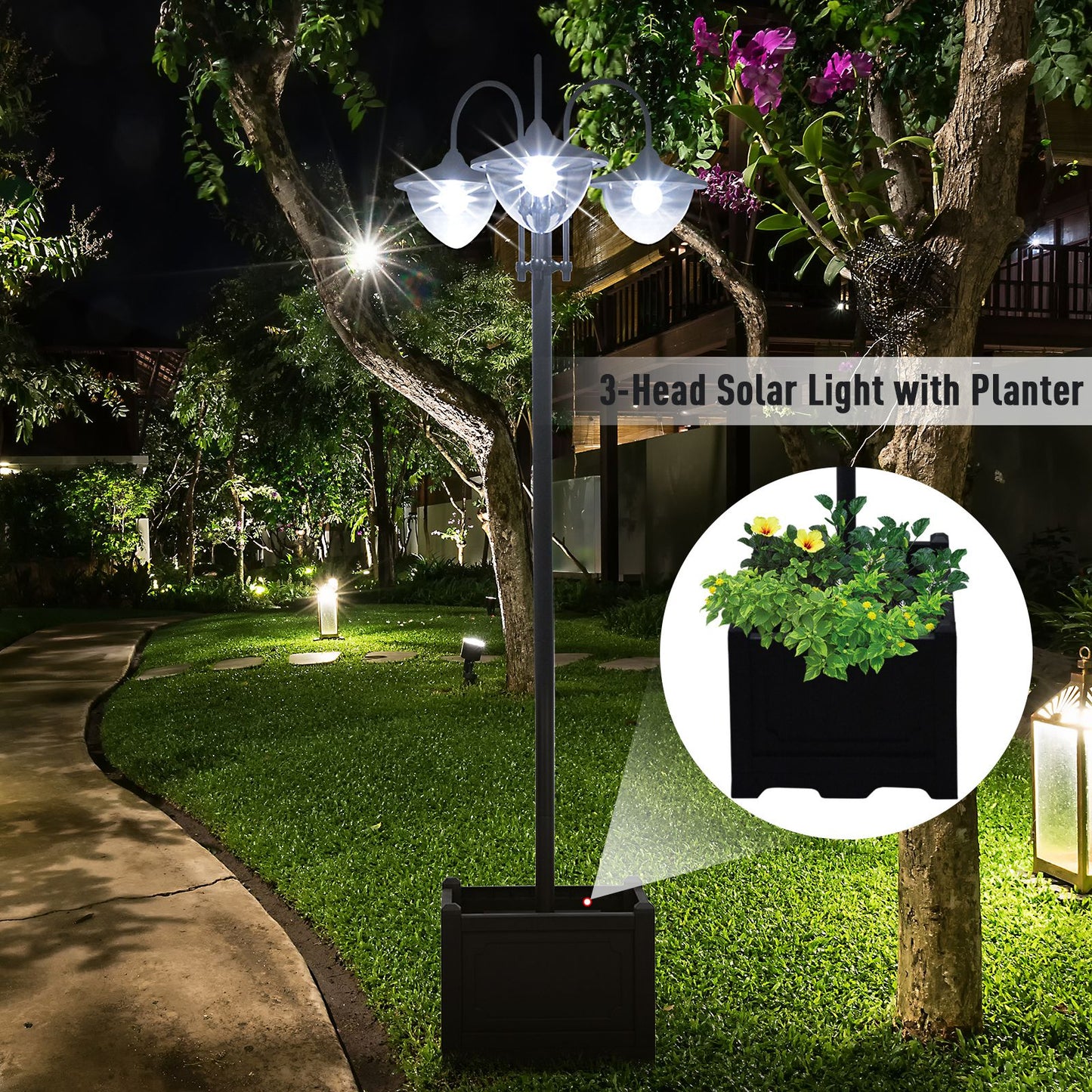 189cm 3-head Solar Lamp Post, Street Light with Planter