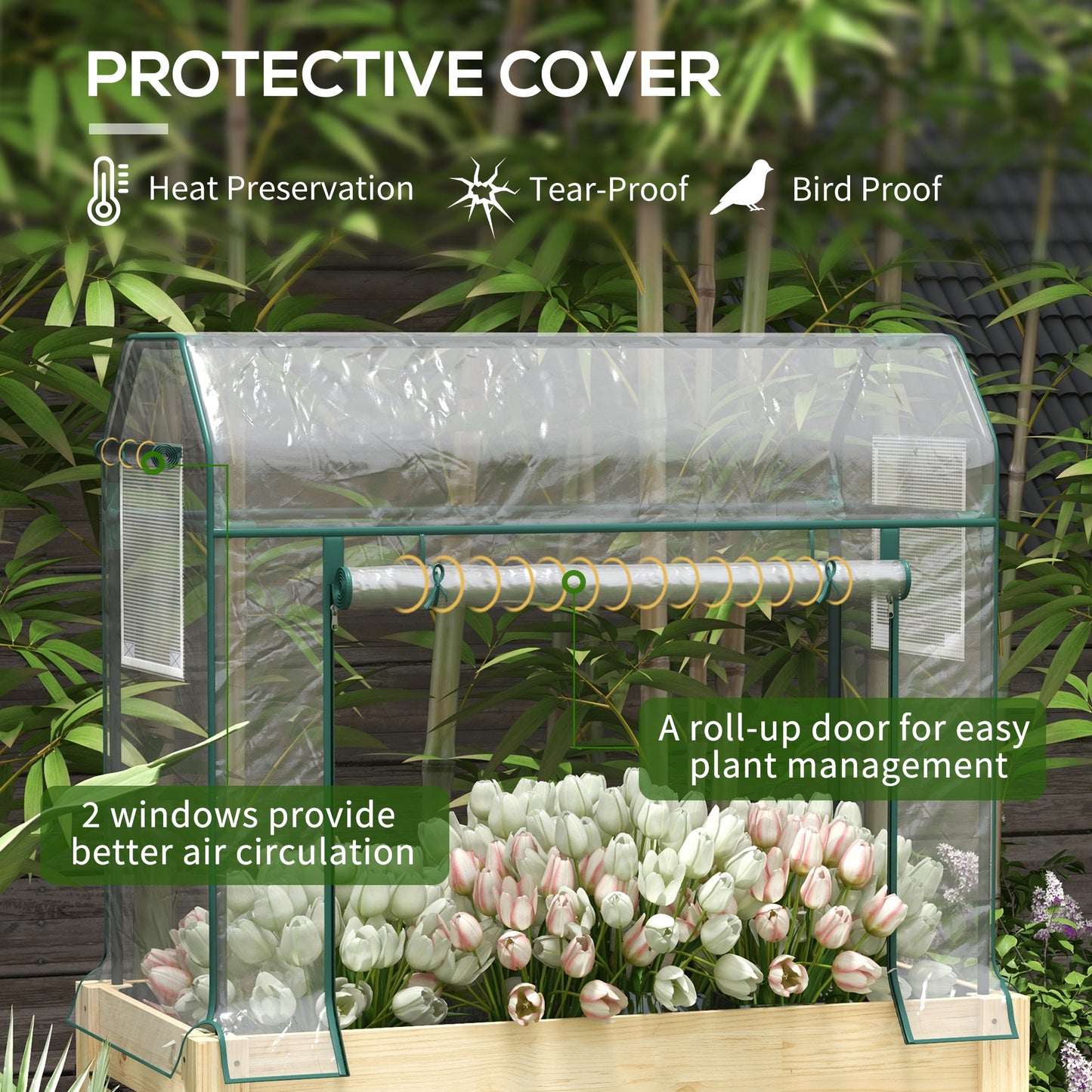 Wooden Planter Box with Greenhouse Cover and Bed Liner