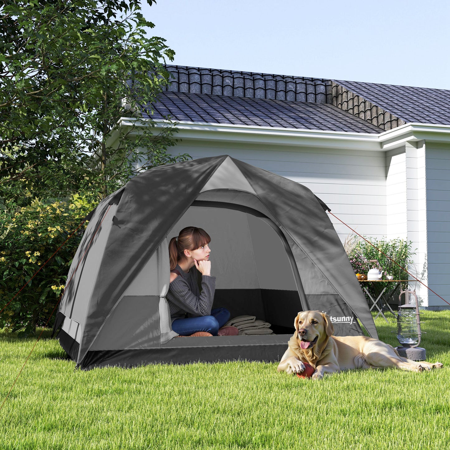 3-4 Person Camping Tent, Easy Set Up 3-4 Man Tent w/ Sewn-in