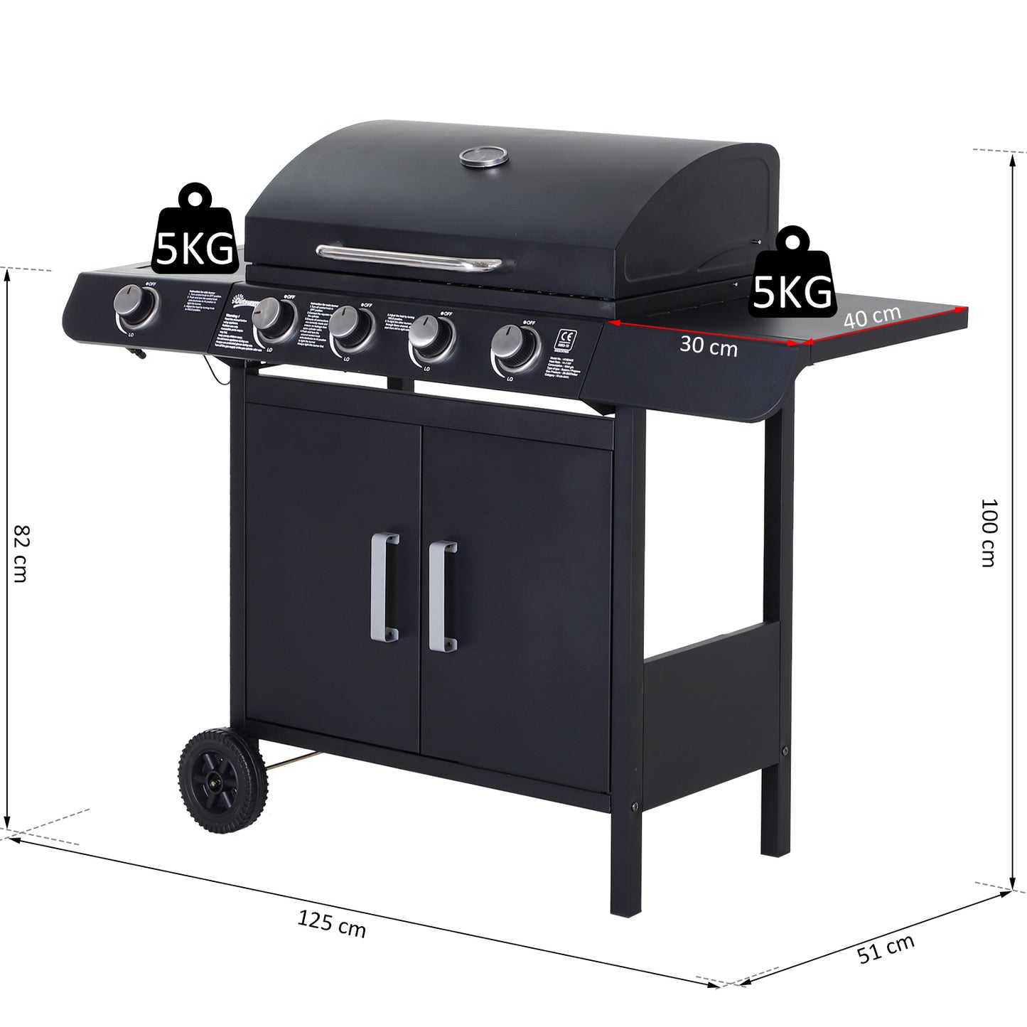 4+1 Burner Gas BBQ Grill, Outdoor Barbecue Trolley with Wheels