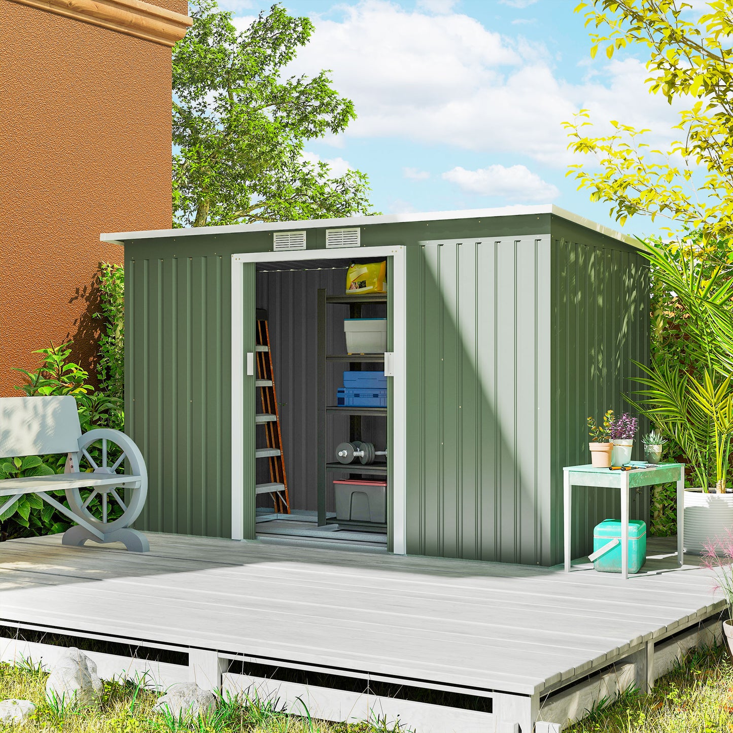 9ft x 4ft Metal Garden Shed, Outdoor Tool House with Foundation Kit