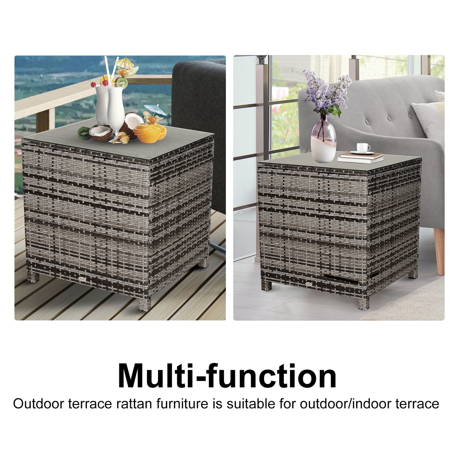Square PE Rattan Garden Table, with Glass Table Top