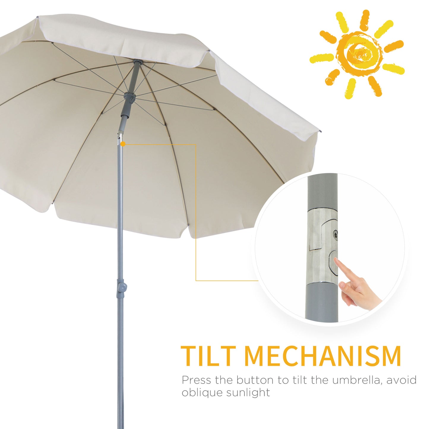 2.2m Beach Umbrella, Portable Parasol with Tilting Function