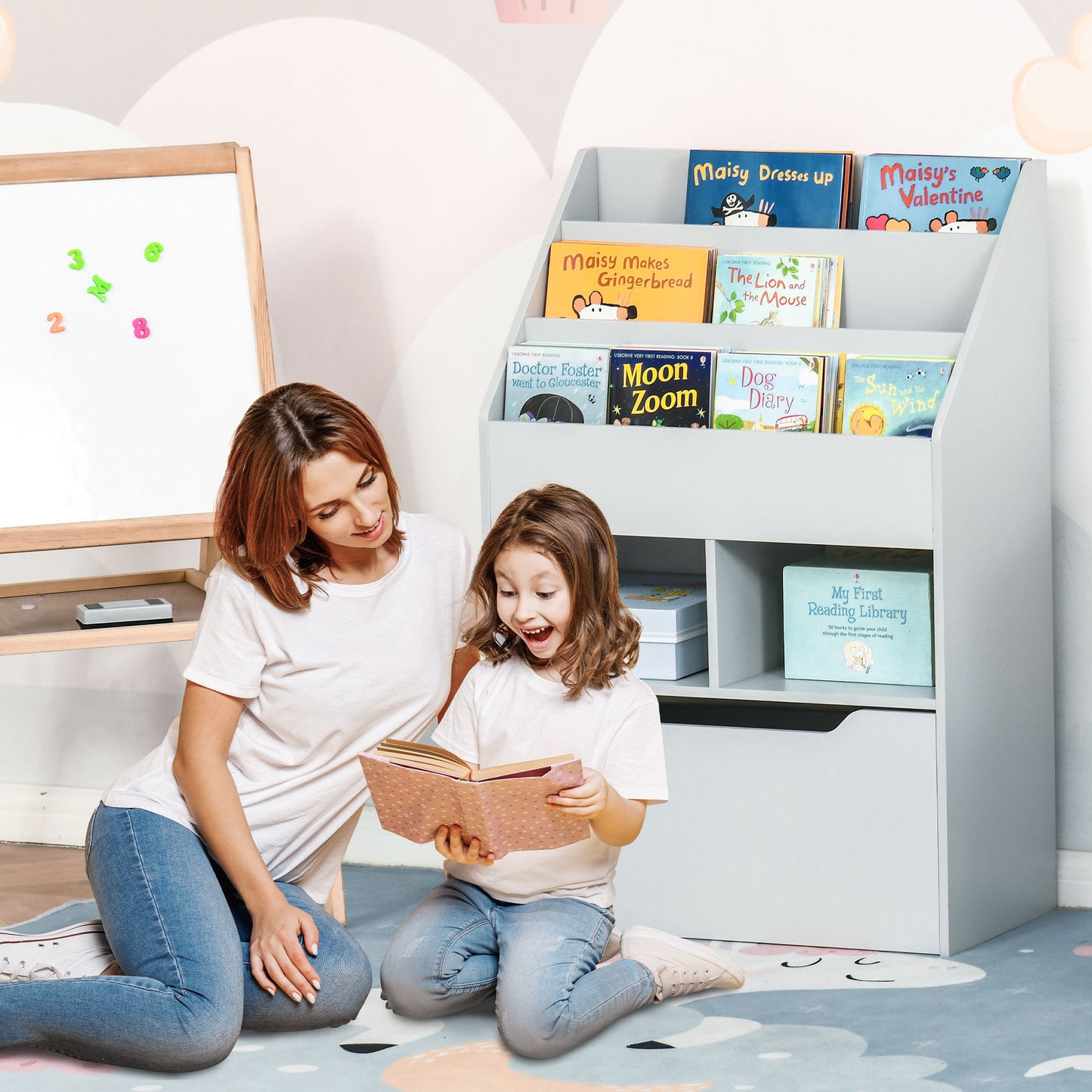 Kids Bookshelf, Toy Organiser, with Storage Drawer, Wheels