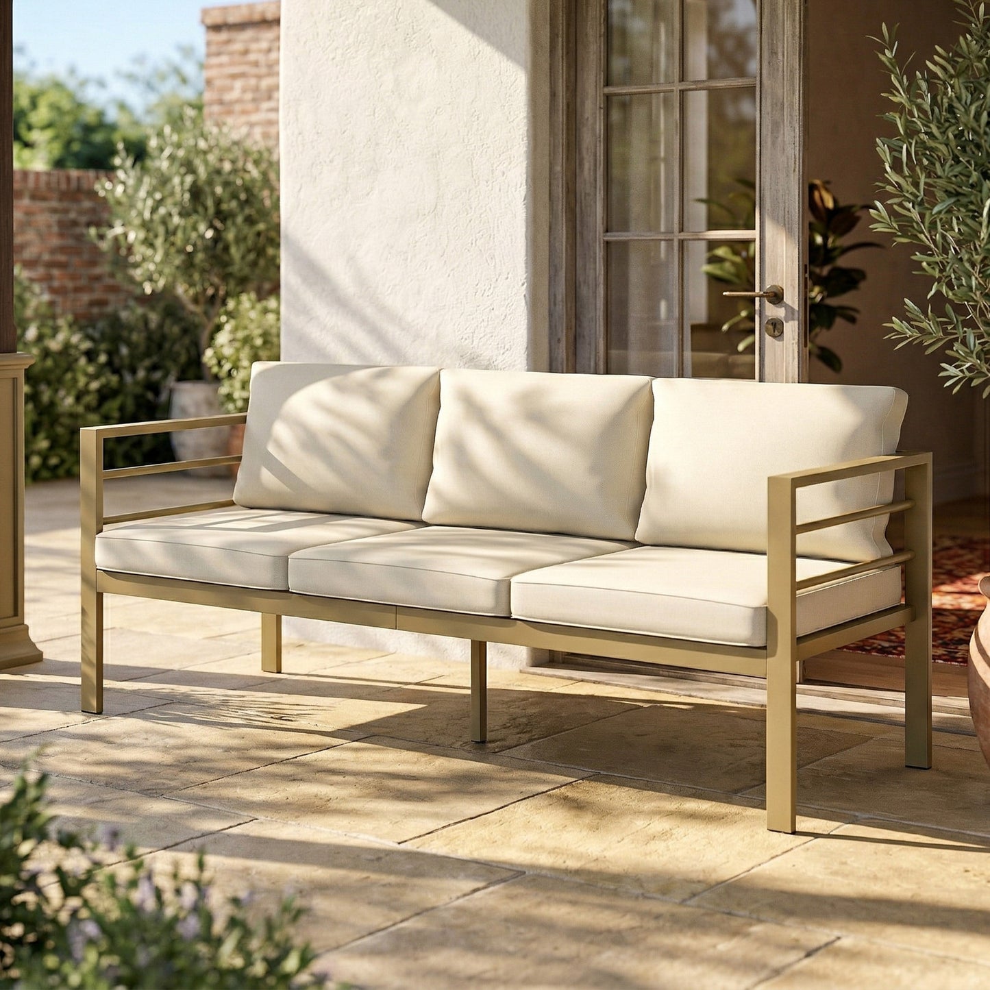 Garden Bench with Cushions, 3-Seater Sofa with Backrest
