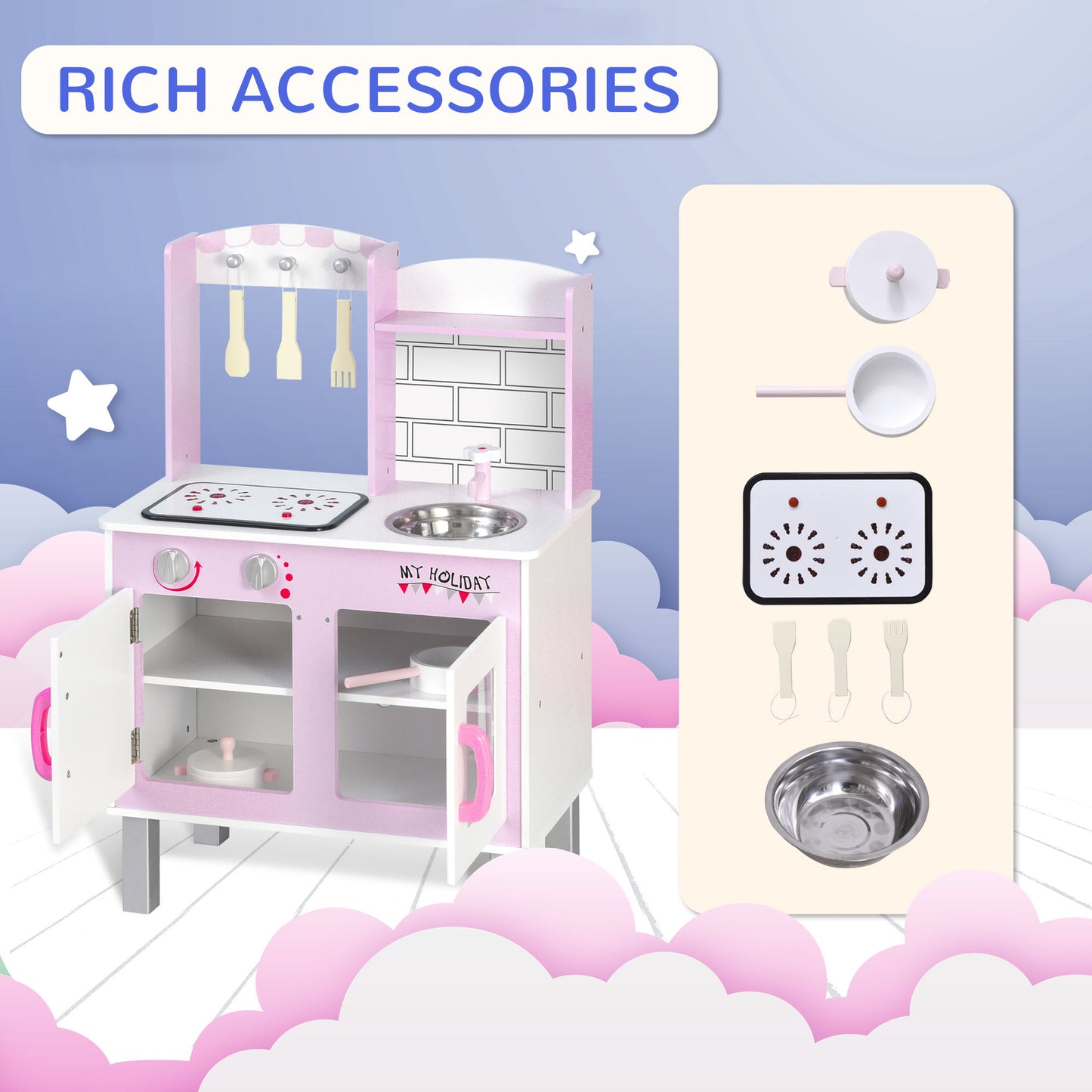 Kids Pretend Kitchen Playset w/ Cooking Toy Accessories