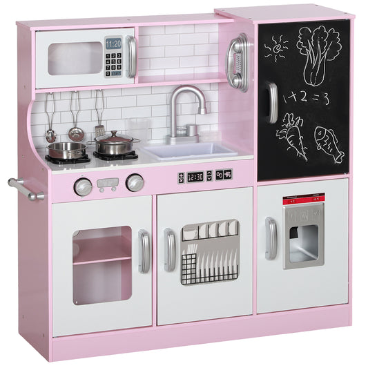 Pretend Play Kitchen, Kids Kitchen Playset w/ Toy Phone, Chalkboard