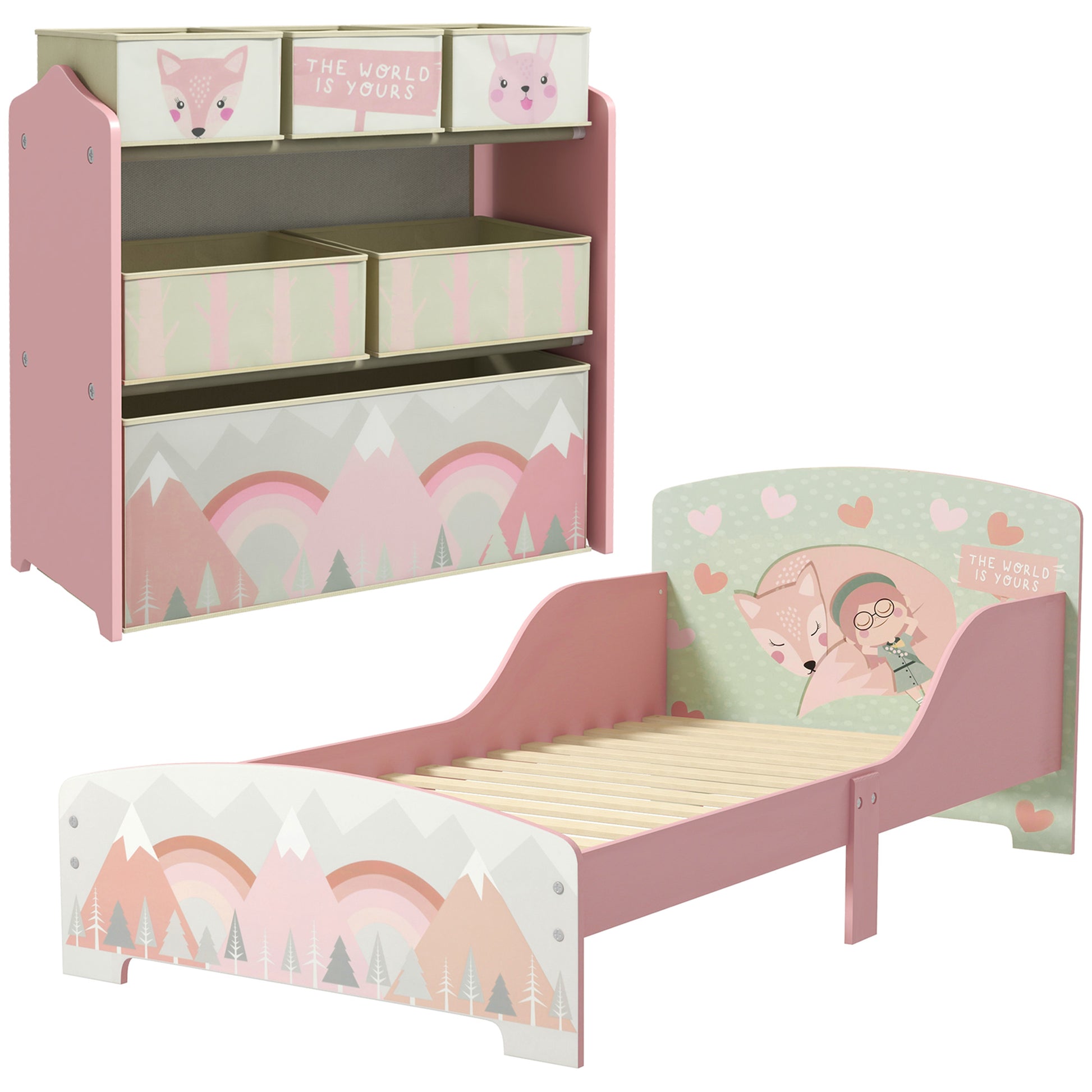 Toddler Bed Frame, Kids Storage Shelf Unit with 6 Fabric Bins