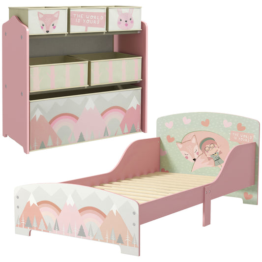 Toddler Bed Frame, Kids Storage Shelf Unit with 6 Fabric Bins