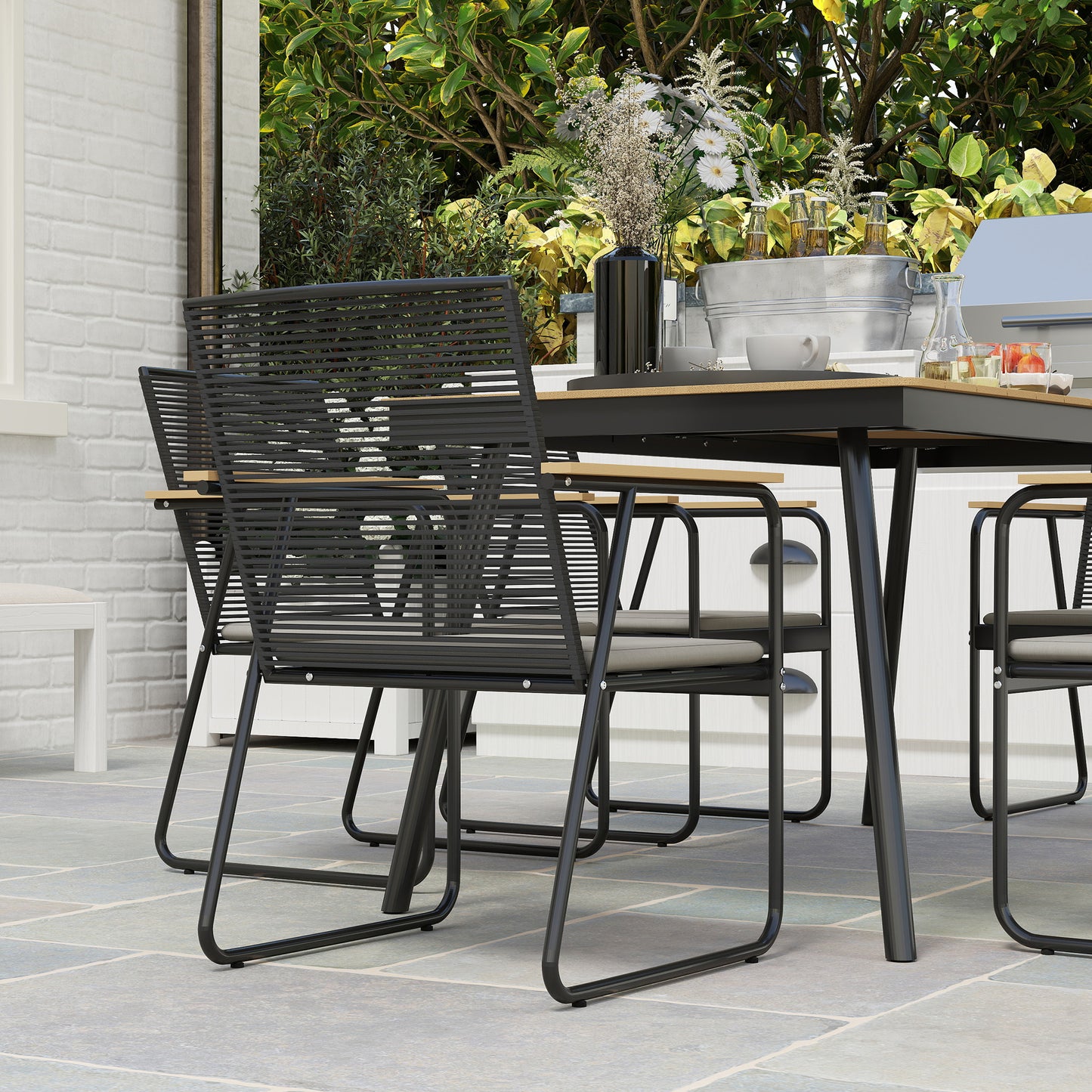 6 Seater Garden Dining Set with Soft Cushions, Rattan Backrest (1)