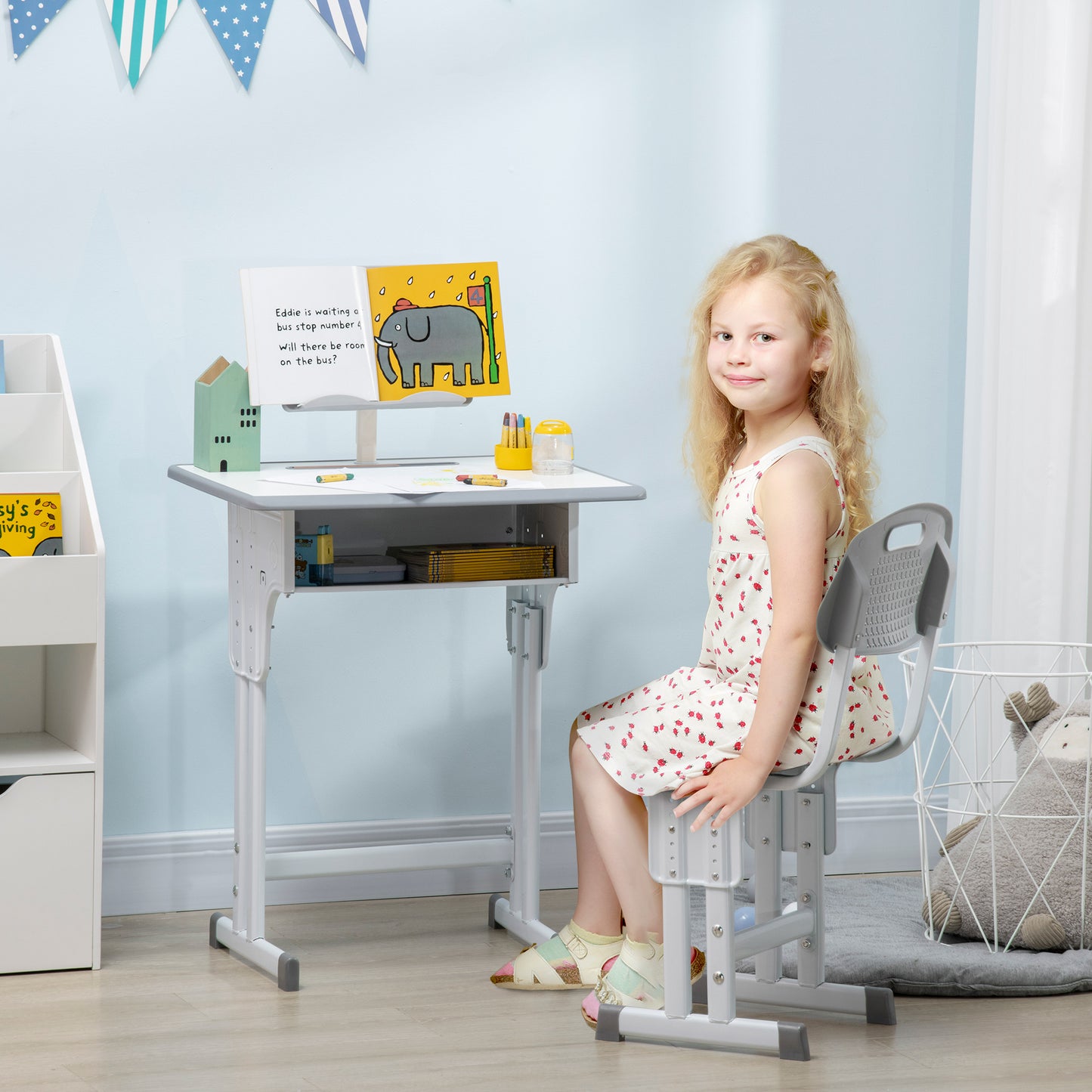 Kids Adjustable Desk and Chair Set, Book Stand, Pen Slot