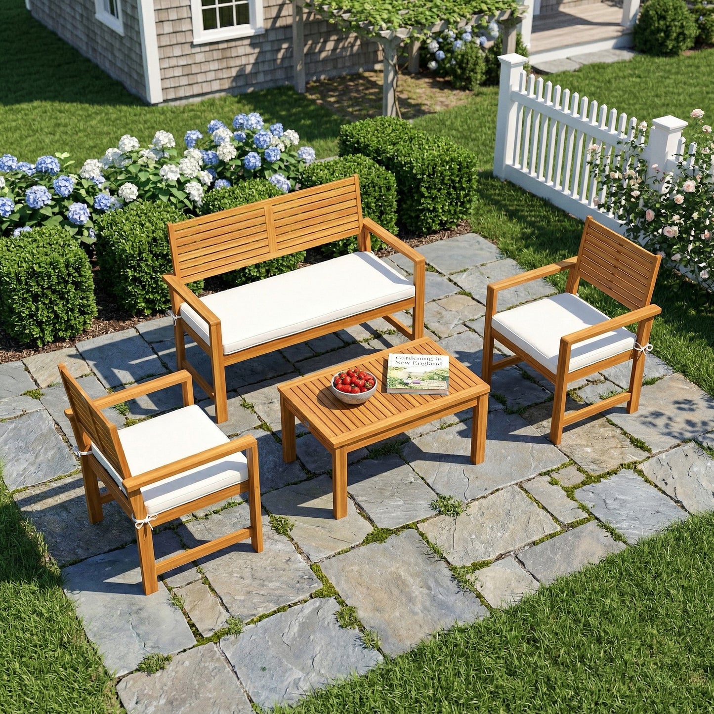 4 Seater Wooden Garden Furniture Set with Loveseat, Armchairs, Table