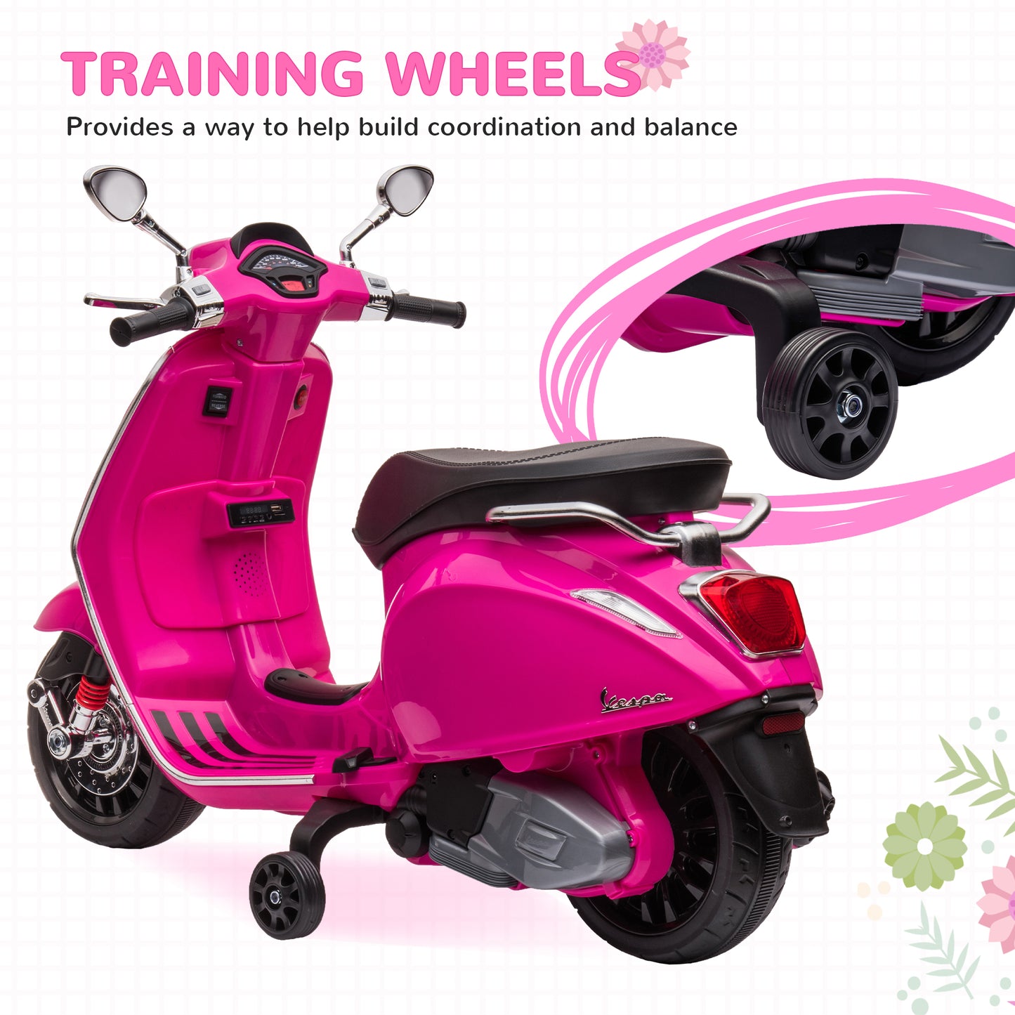 12V Vespa Licensed Kids Electric Motorbike w/ Music, Headlights