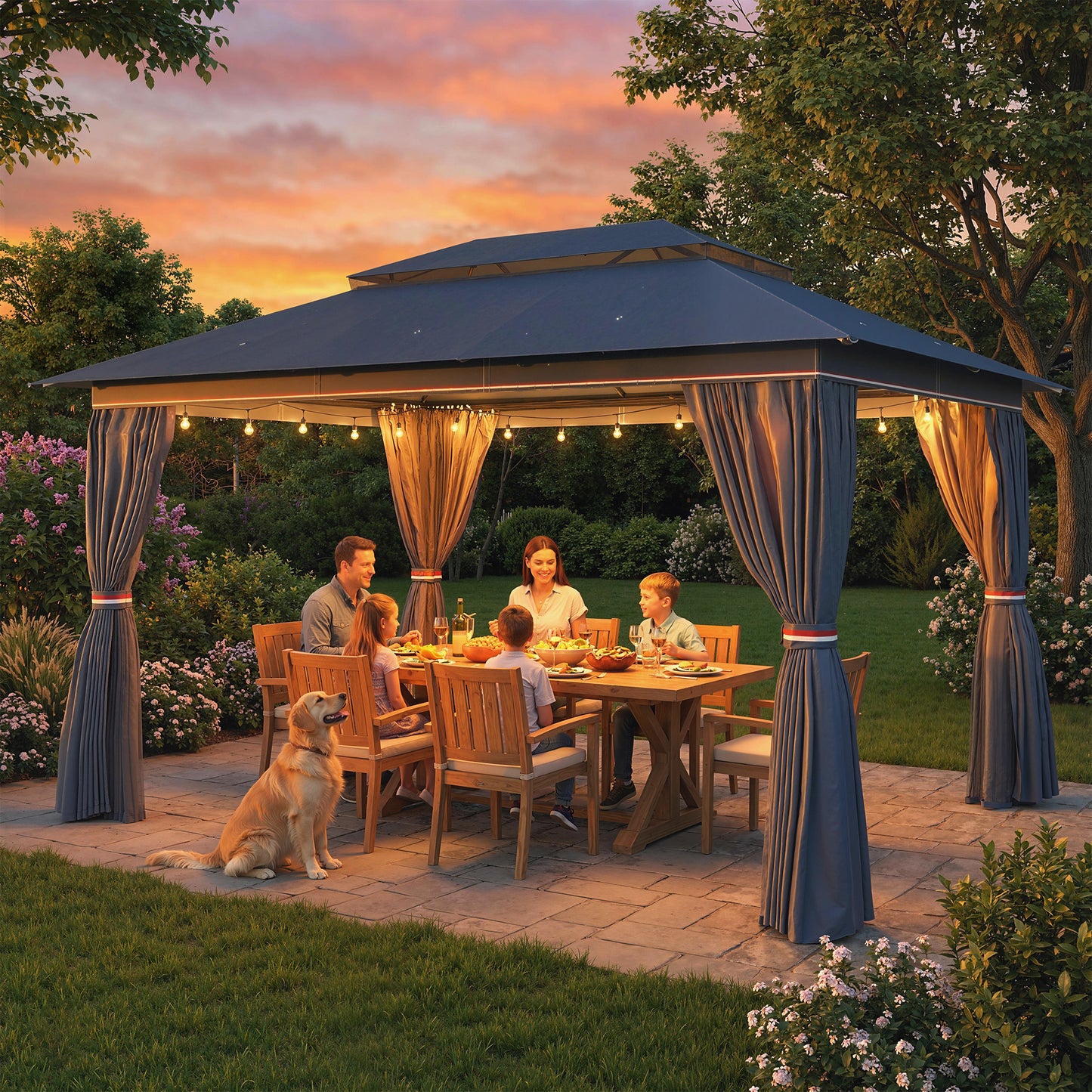 3 x 4 m Outdoor Garden Gazebo with Netting and Curtains