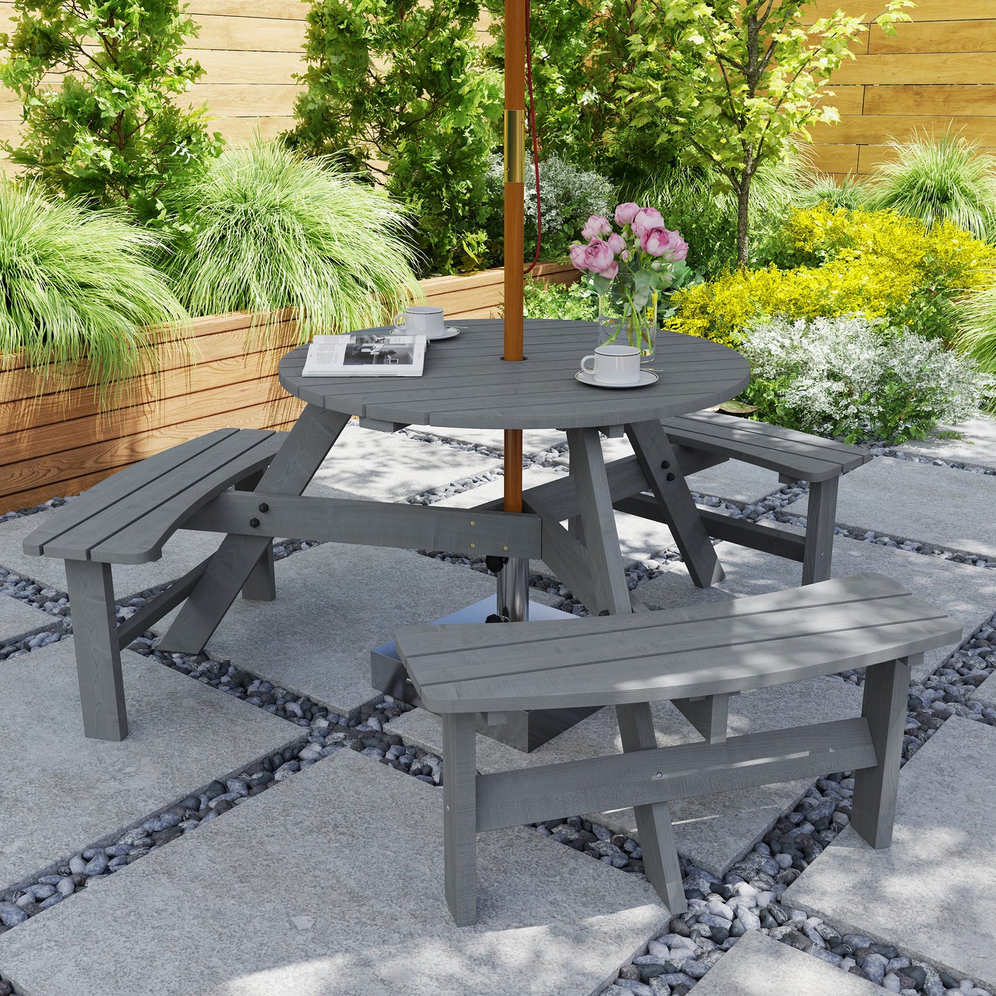 Wooden Garden Dining Set, 6 Seater Round Dining Picnic Table (1)