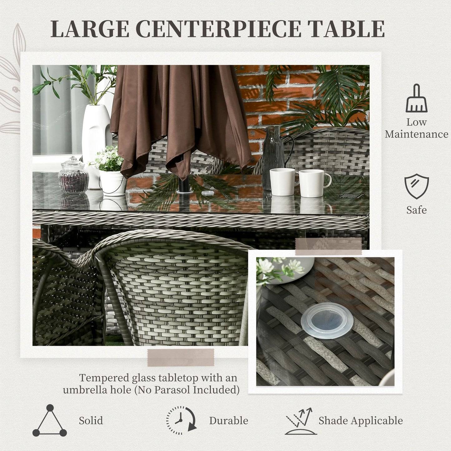 Seven-Piece Rattan Dining Set with Tempered Glass Table Top