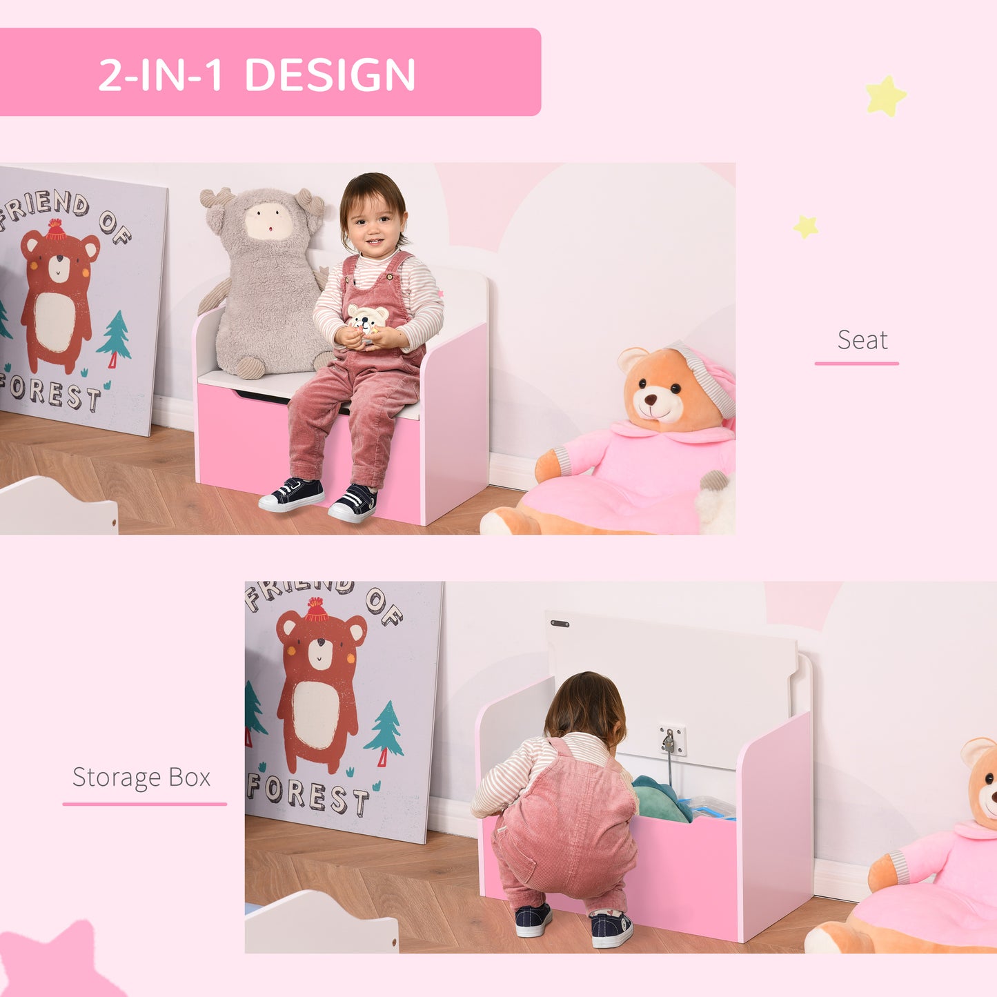 Kids Wooden Toy Box Children Storage Chest Bench Organiser Safety