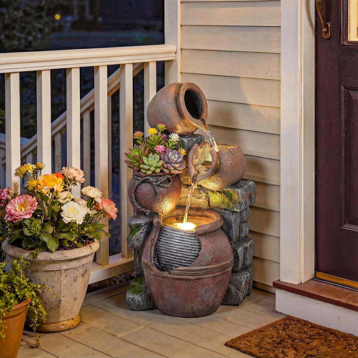 Outdoor Fountain with 4-Tier Rustic Pots & Planter