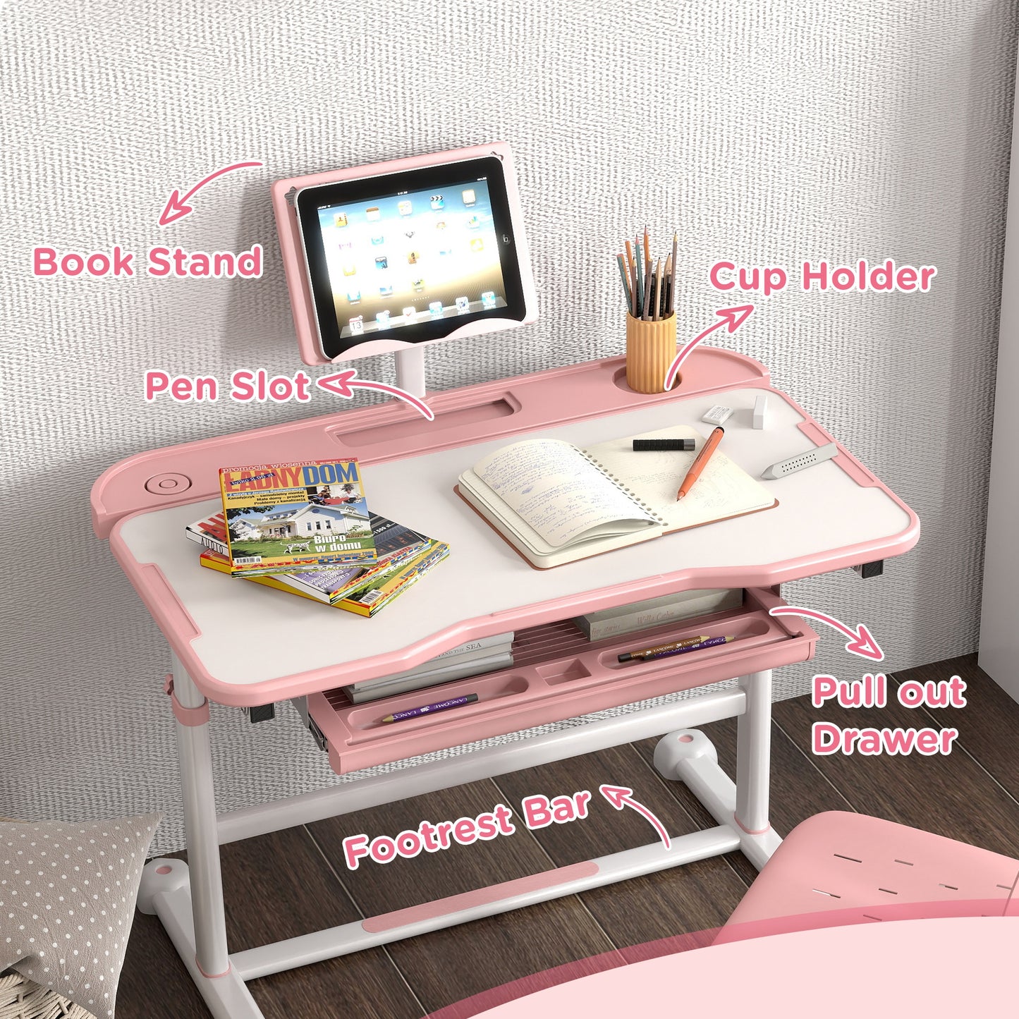 Height Adjustable Kids Desk and Chair Set, School Study Writing