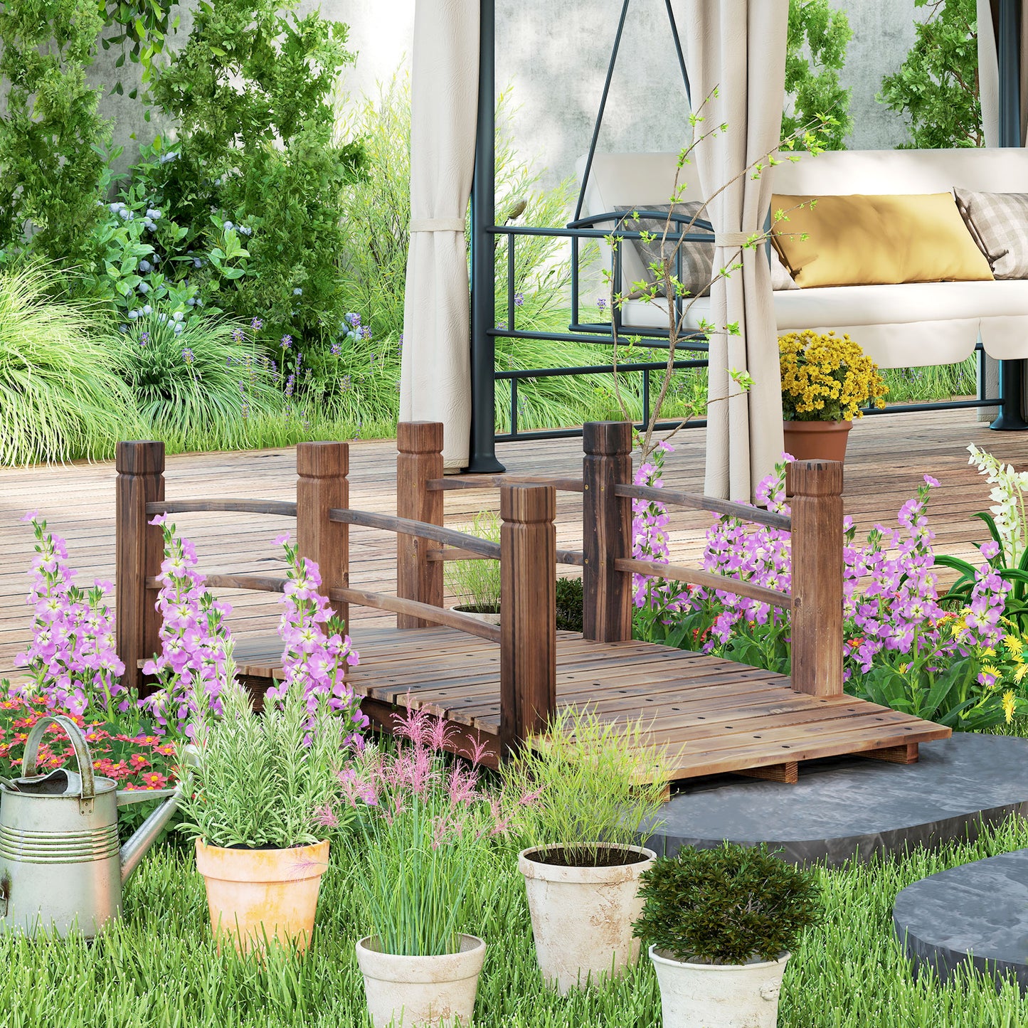 1.5M Wooden Garden Bridge Lawn Décor Stained Finish Arc Outdoor