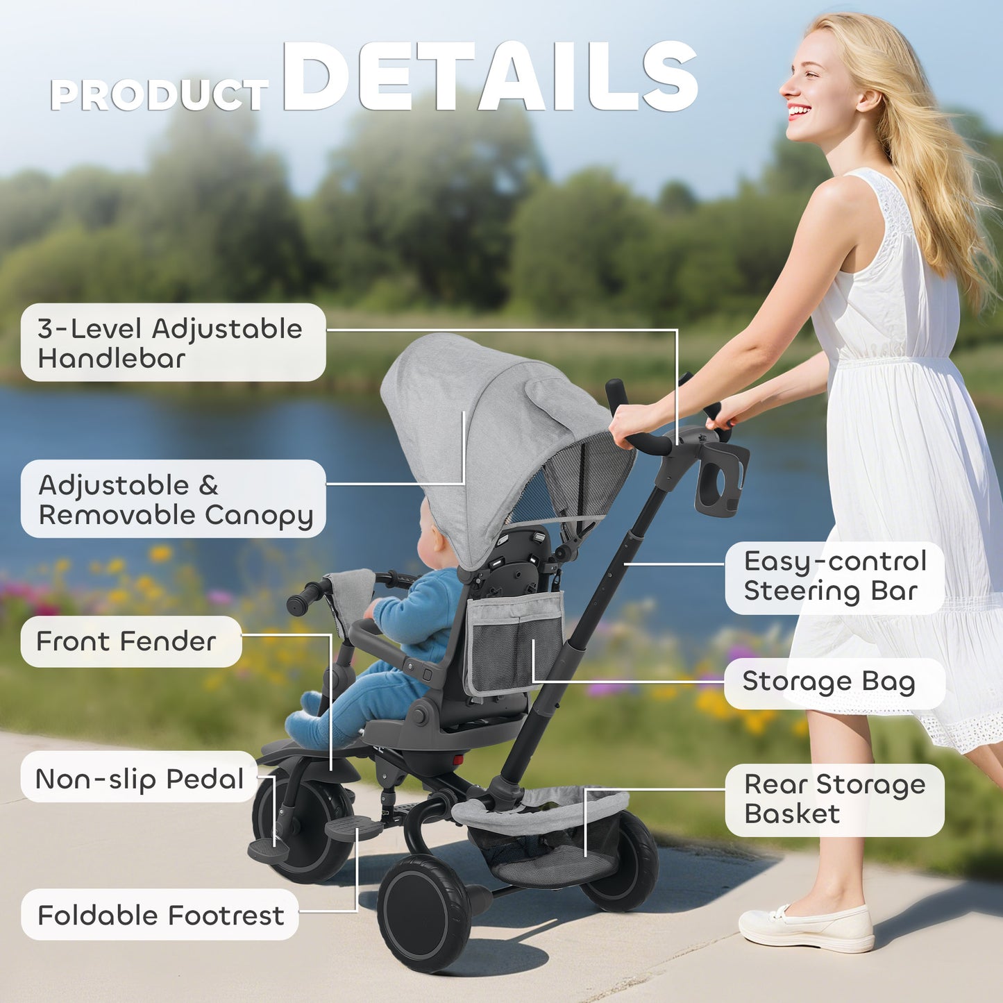6 in 1 Foldable Kids Trike with Adjustable Parent Handle & Canopy