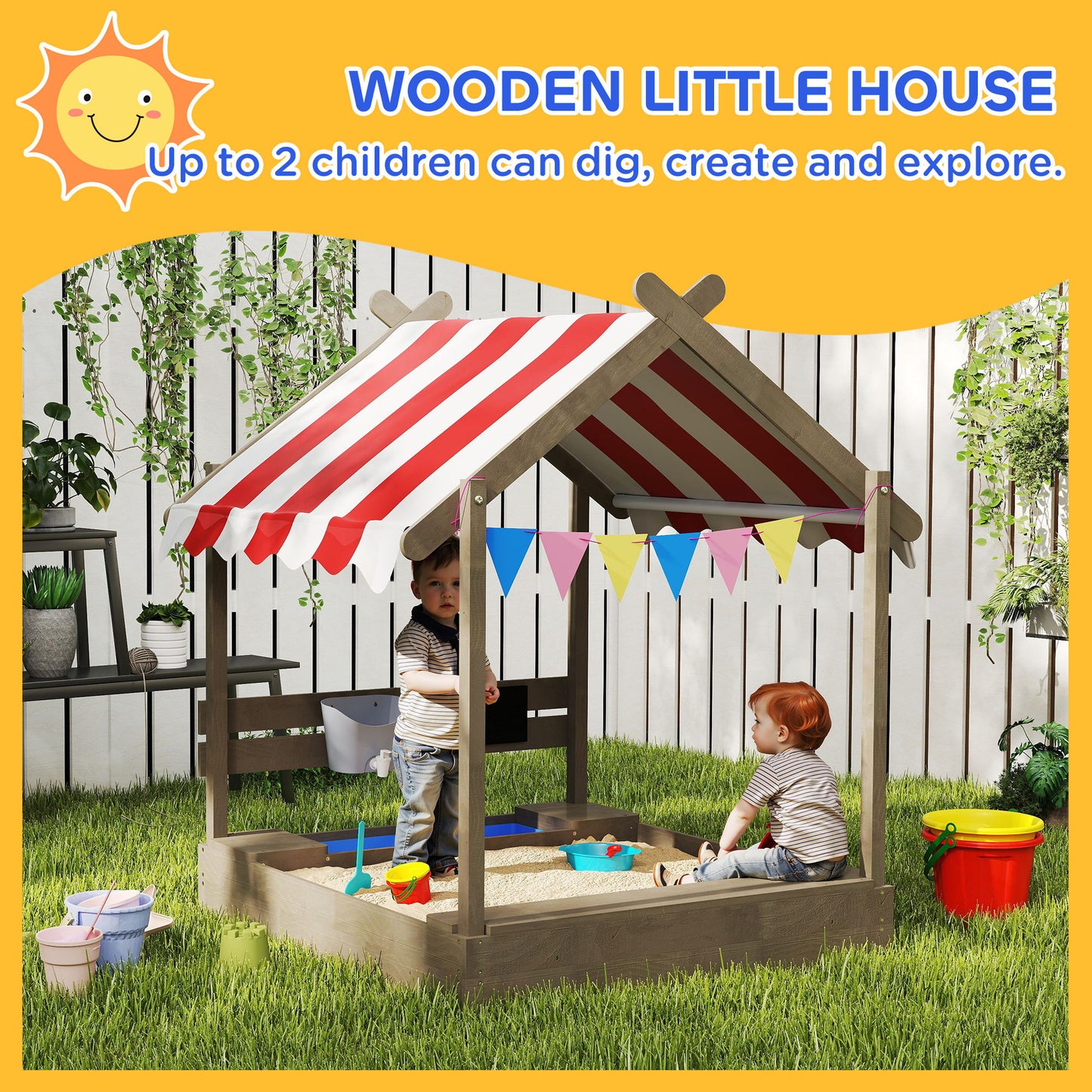 House-Designed Wooden Sandbox, Outdoor Sandpit, with Blackboard