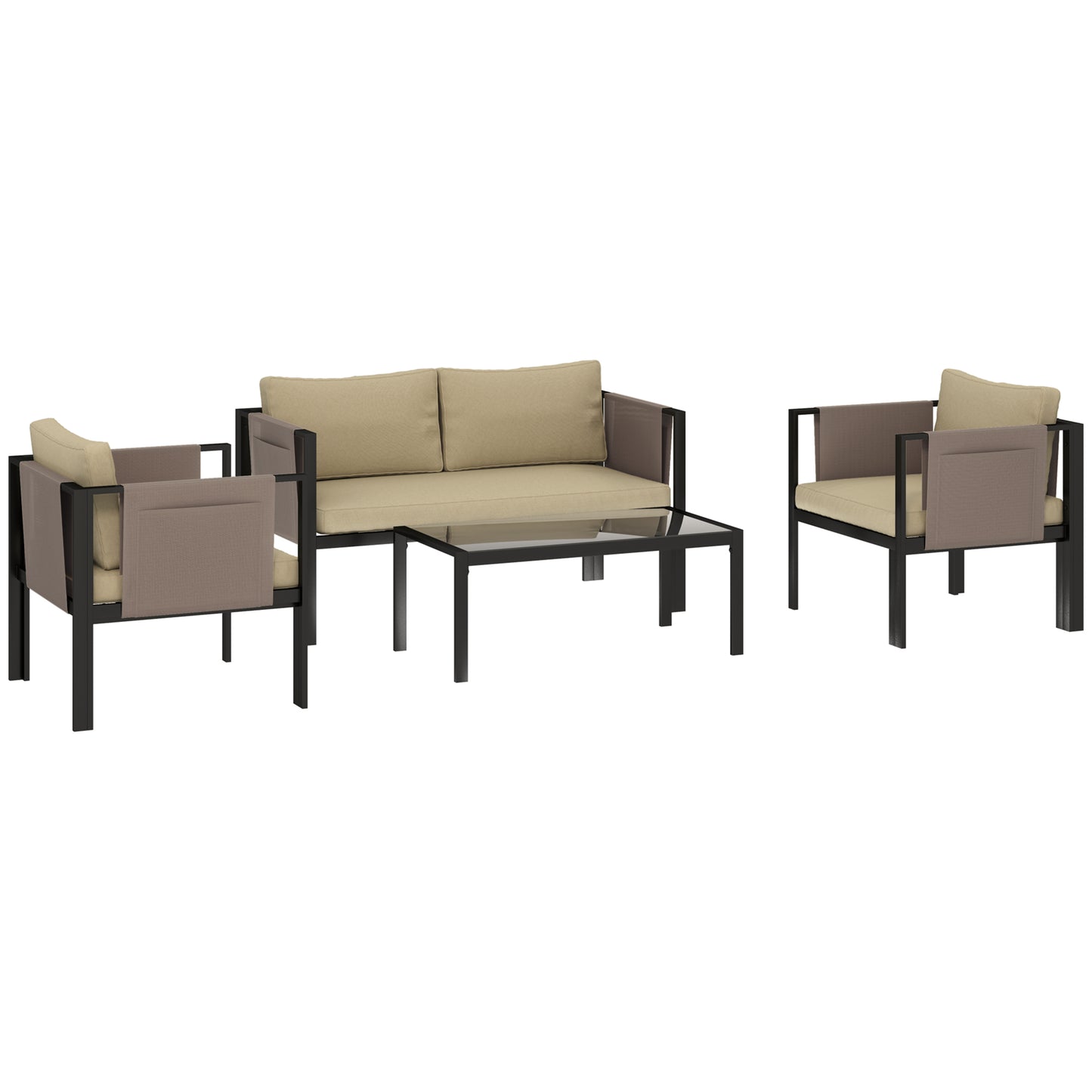 4 Piece Metal Garden Furniture Set with Tempered Glass Coffee Table