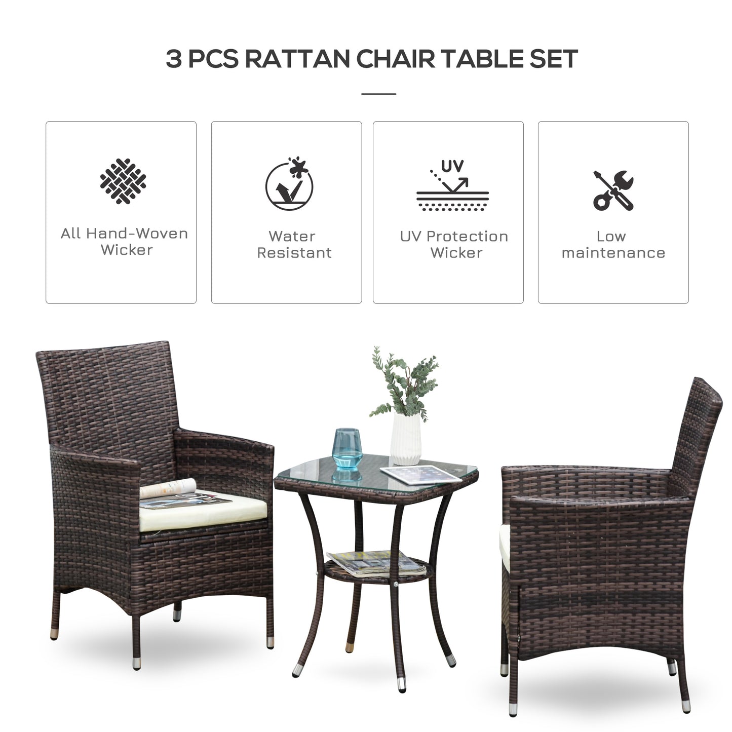 Three-Piece Rattan Chair Set, with Cushions
