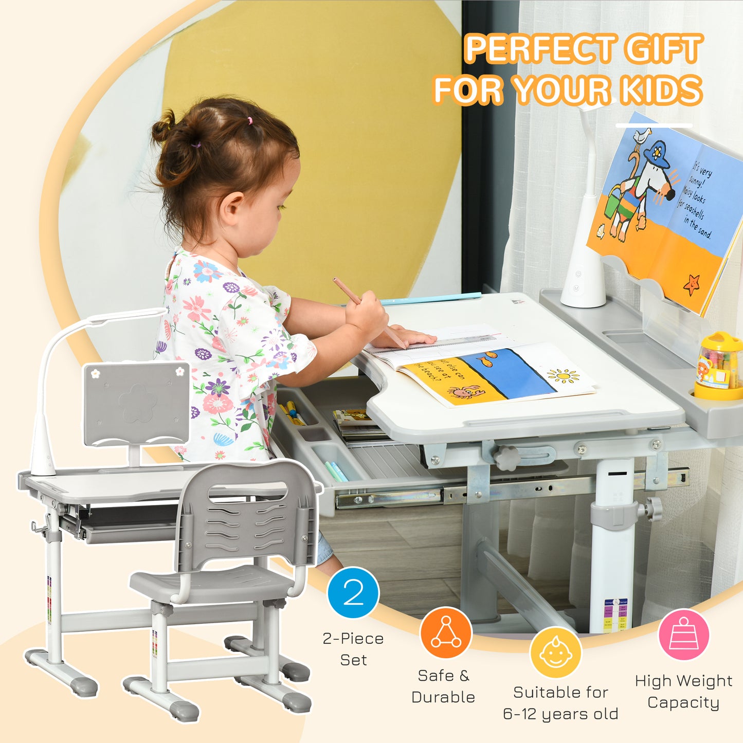 Kids Study Desk and Chair Set w/ Adjustable Height, Storage, Drawer