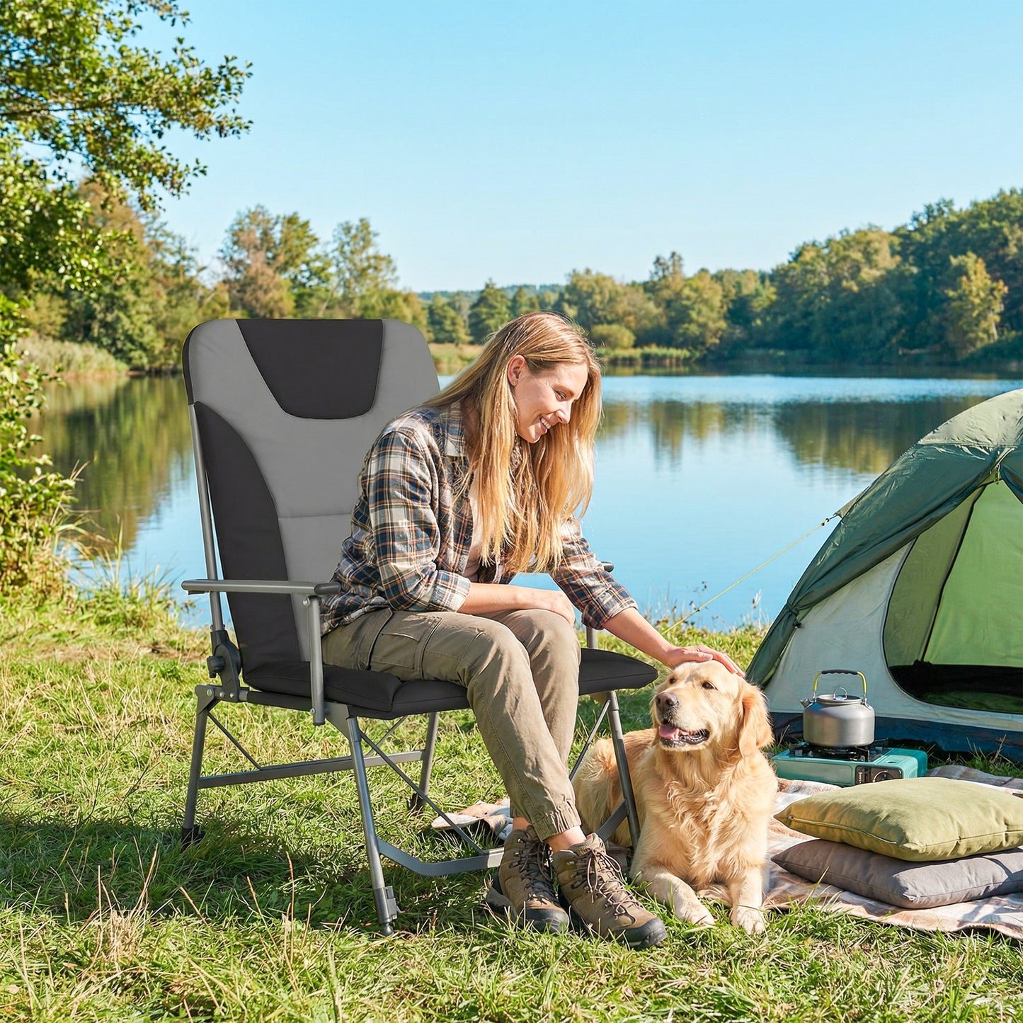 Camping Chair Padded Reclining Folding Chair with Wide Armrests (1)