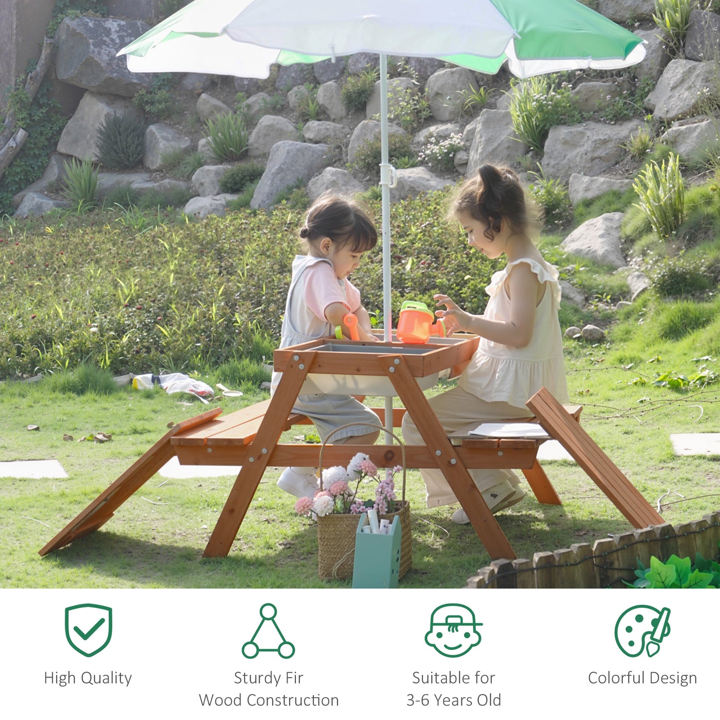 Kids Picnic Table with Benches, Wooden Sand and Water Table