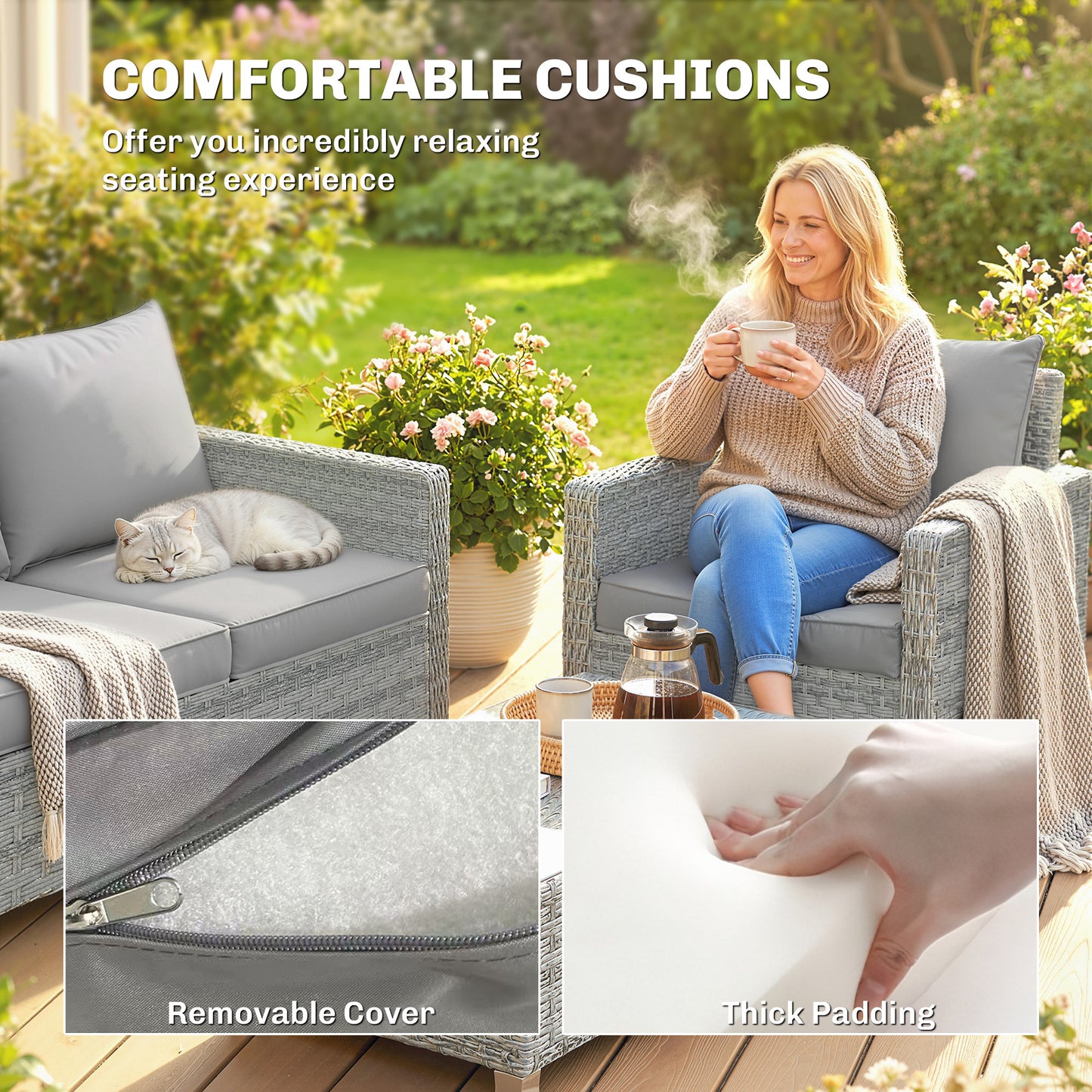 4 Piece Rattan Garden Furniture Set with Loveseat, 2 Armchairs