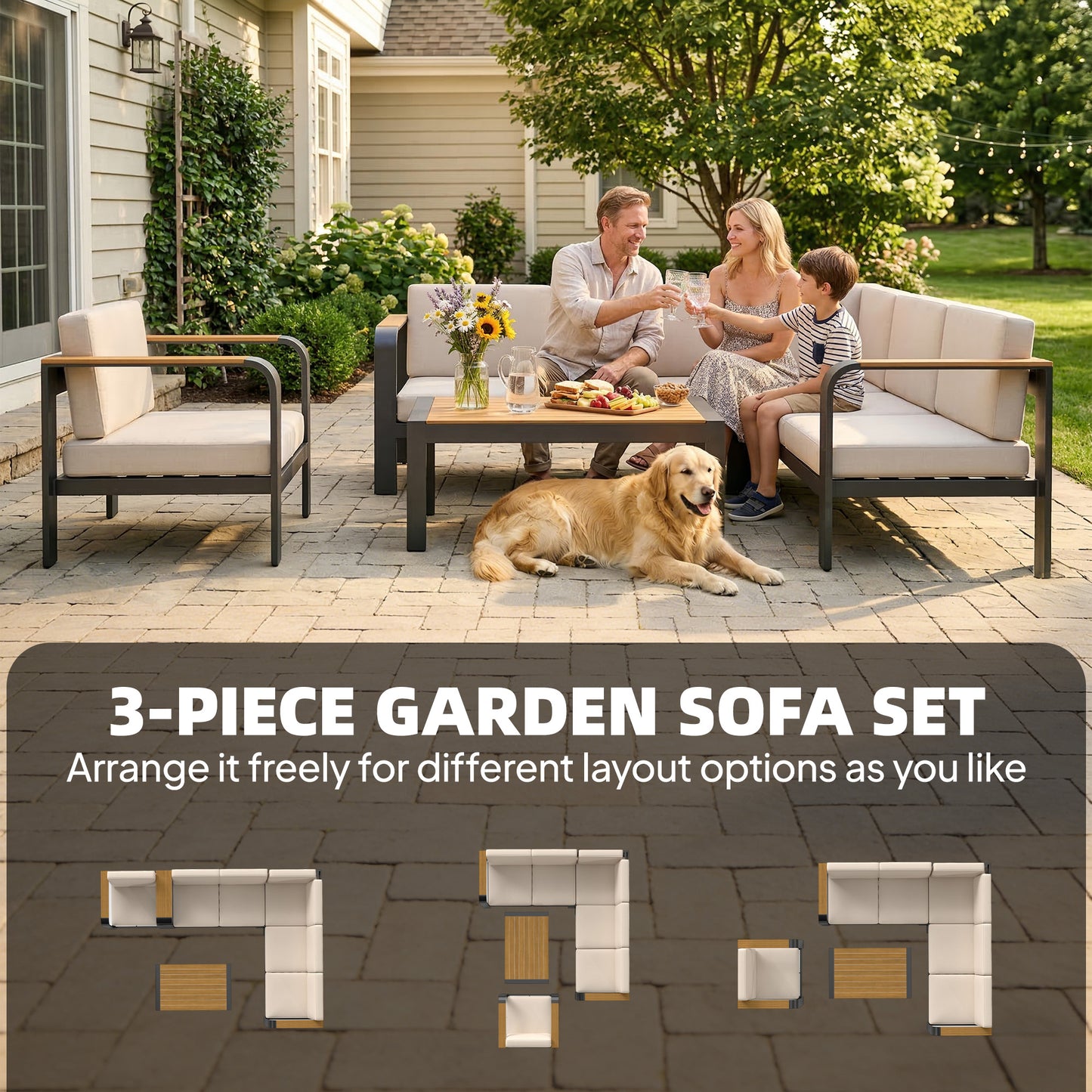 3 Pieces Garden Furniture Set with L-Shaped Sofa