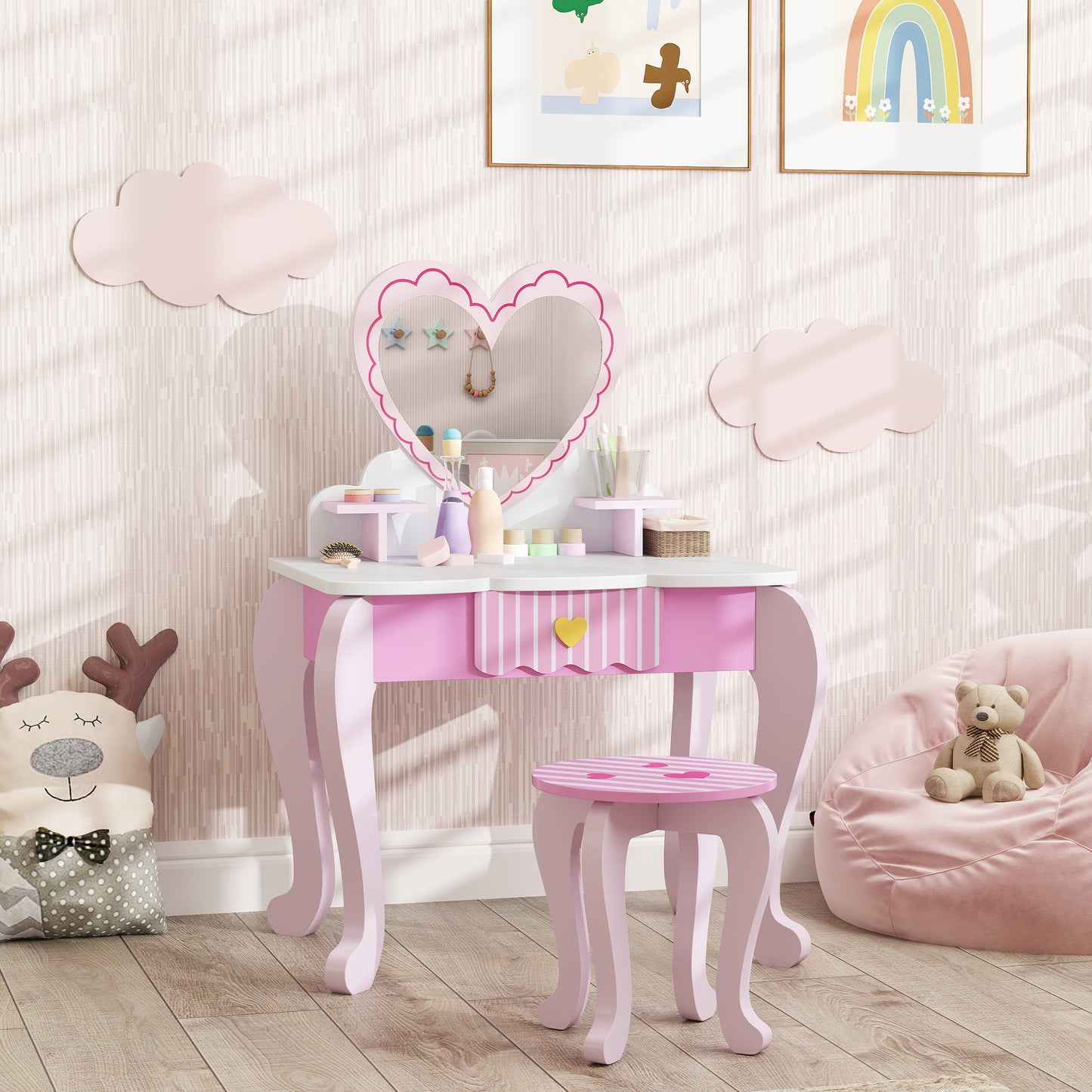 Kids Dressing Table Set, Vanity Table with Stool, Mirror, Drawer (2)