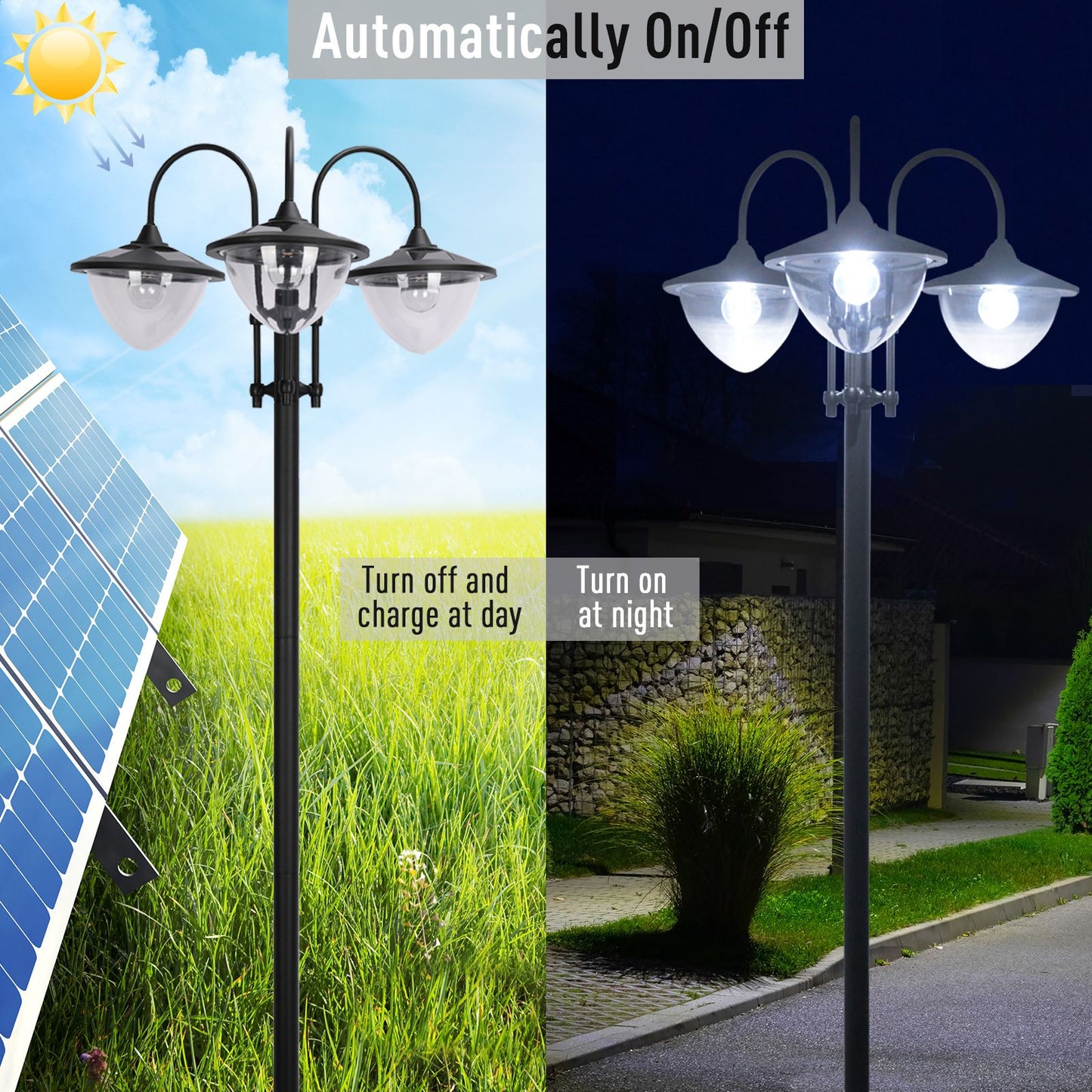189cm 3-head Solar Lamp Post, Street Light with Planter