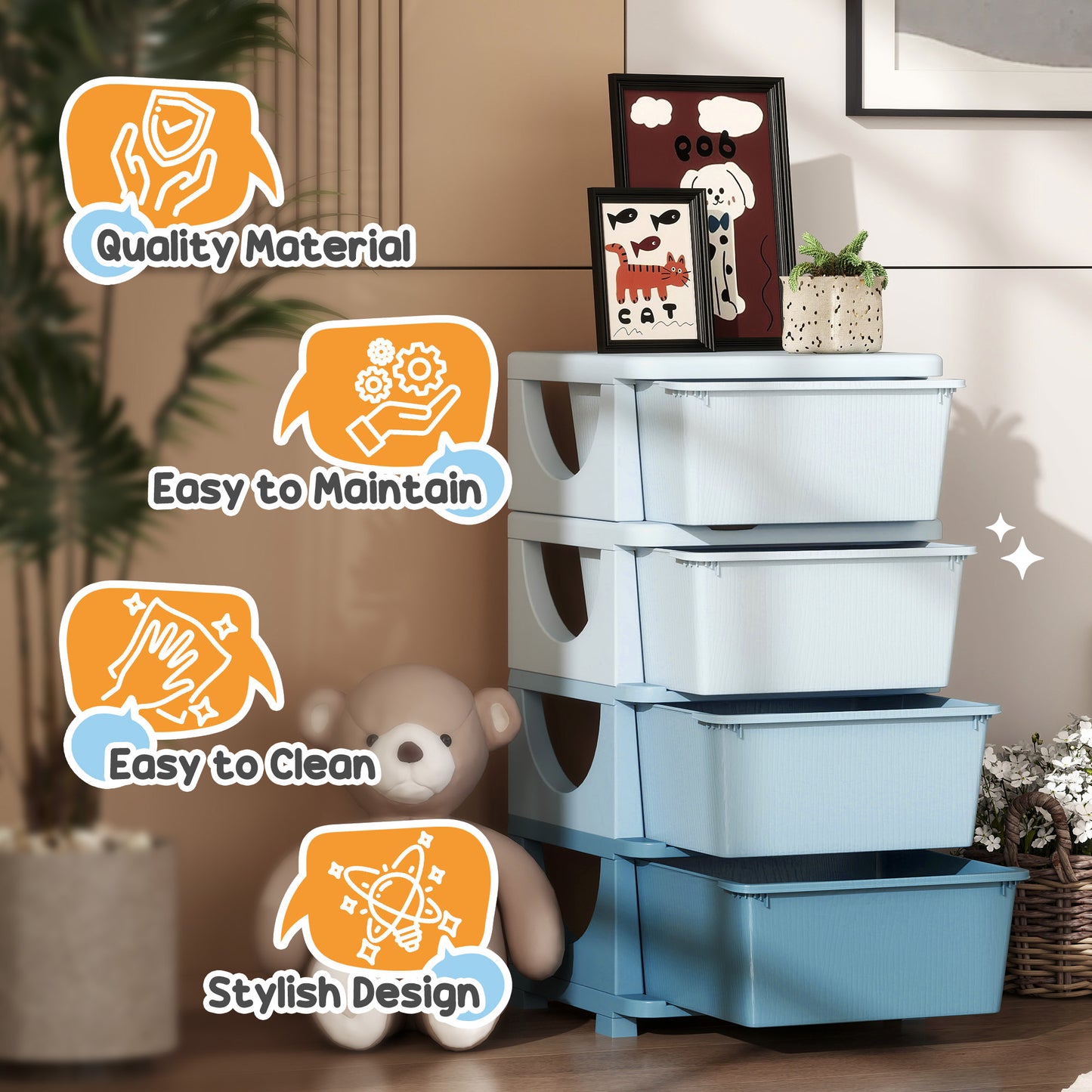 Four-Tier Kids Storage Boxes, with Four Drawers