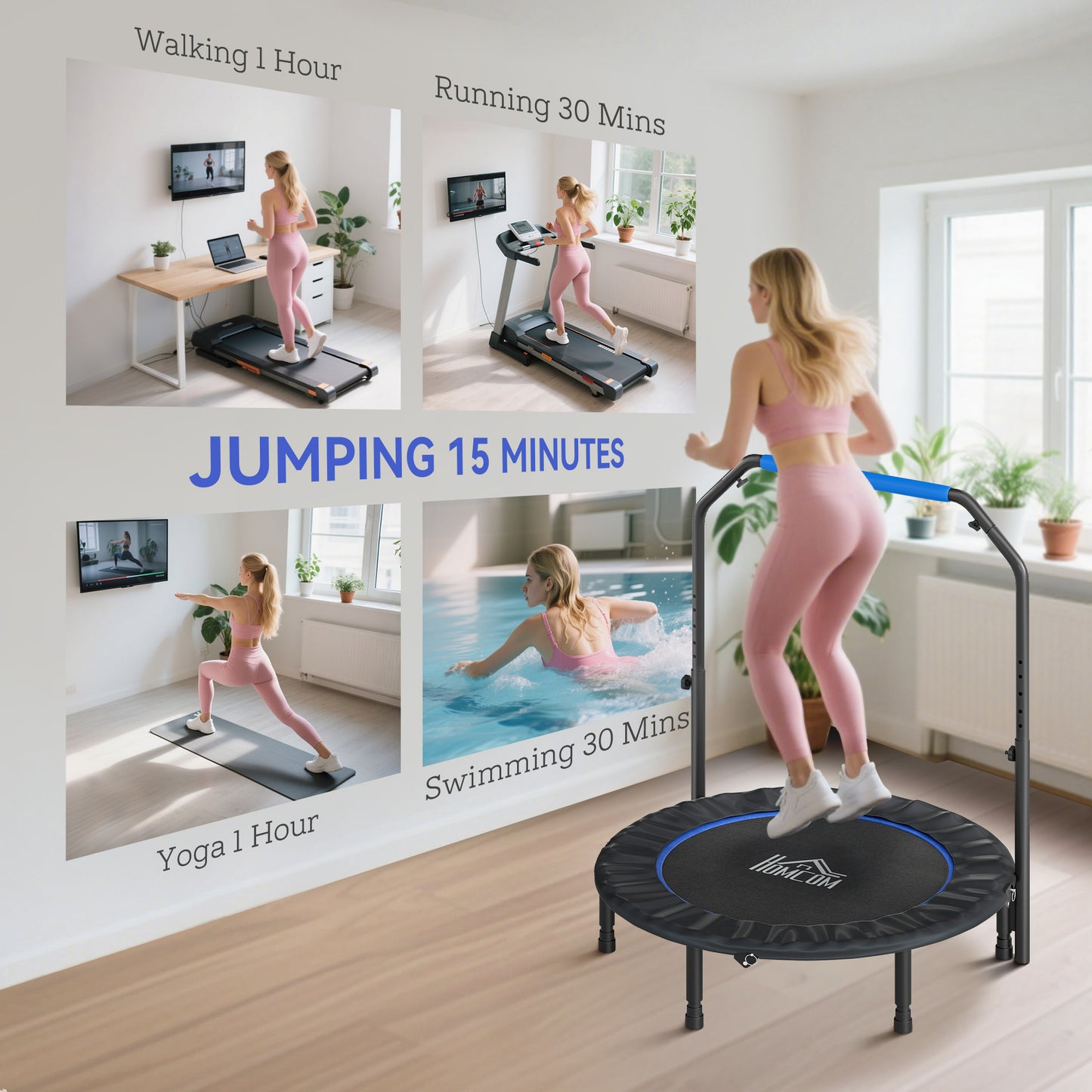 45" Foldable Mini Fitness Trampoline, with Adjustable Foam Handle