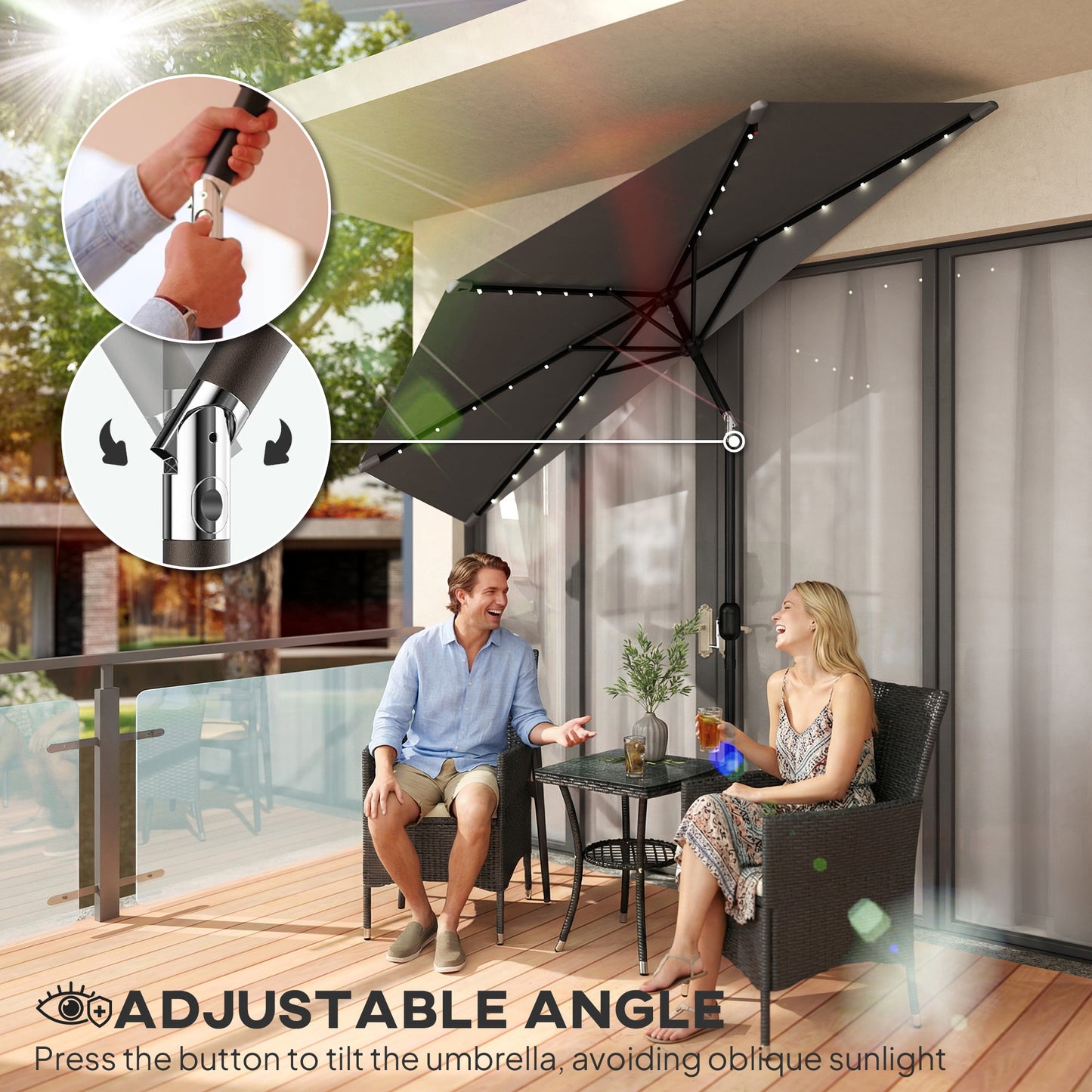 2.6 m Half Garden Parasol with Solar LED Lights