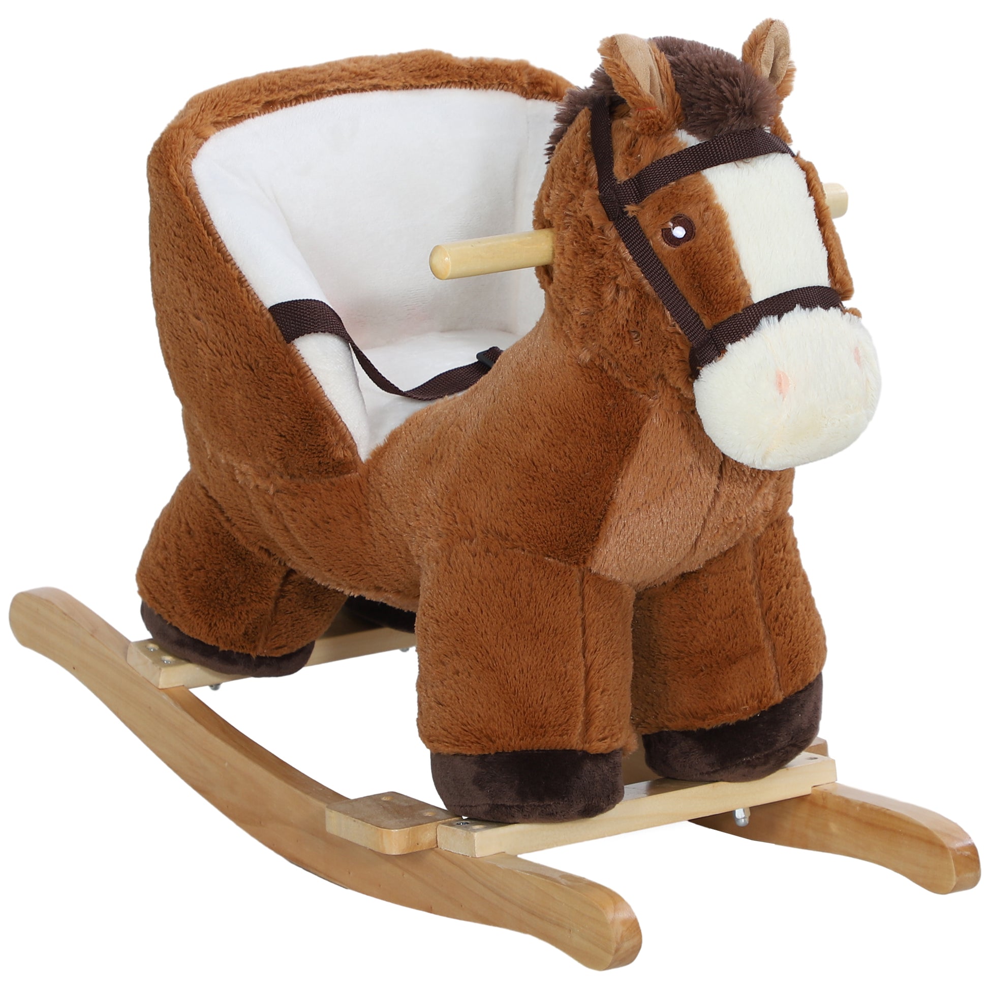Kids Rocking Horse, Plush Ride on Horse, with Sound, Wood Base
