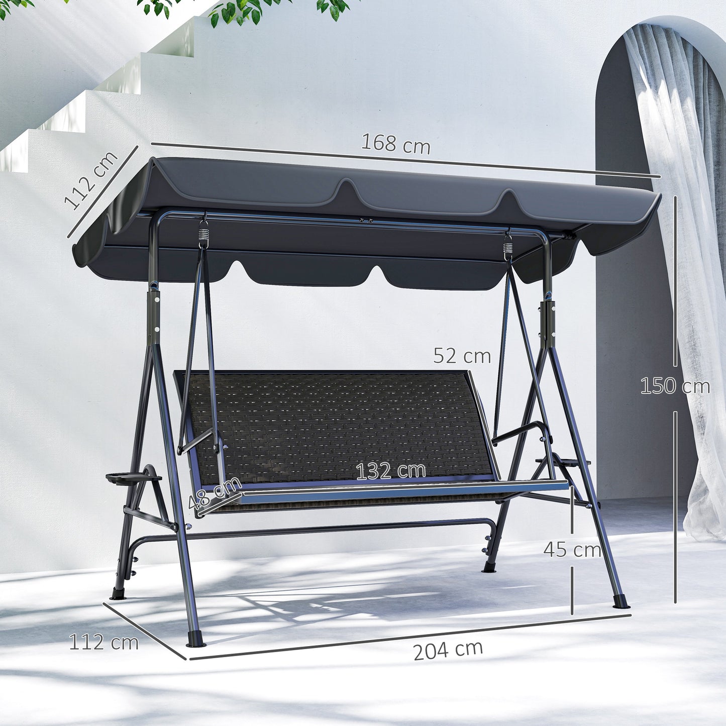 3 Seater Swing Chair, Garden Swing Seat Bench with Adjustable Canopy