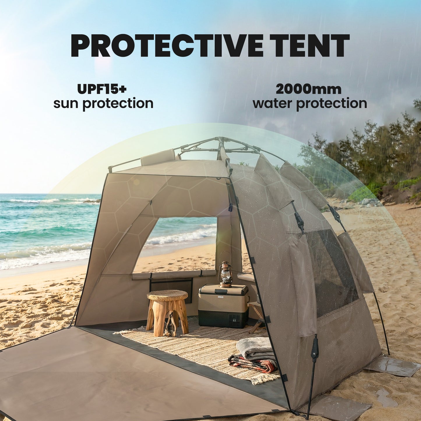 2-3 Person Pop Up Beach Tent, UPF15+ Sun Shelter with Extended Floor