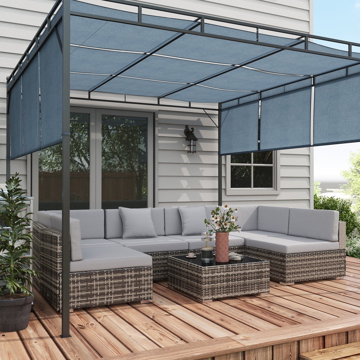 Seven-Piece Rattan Garden Set, with Glass-Top Table