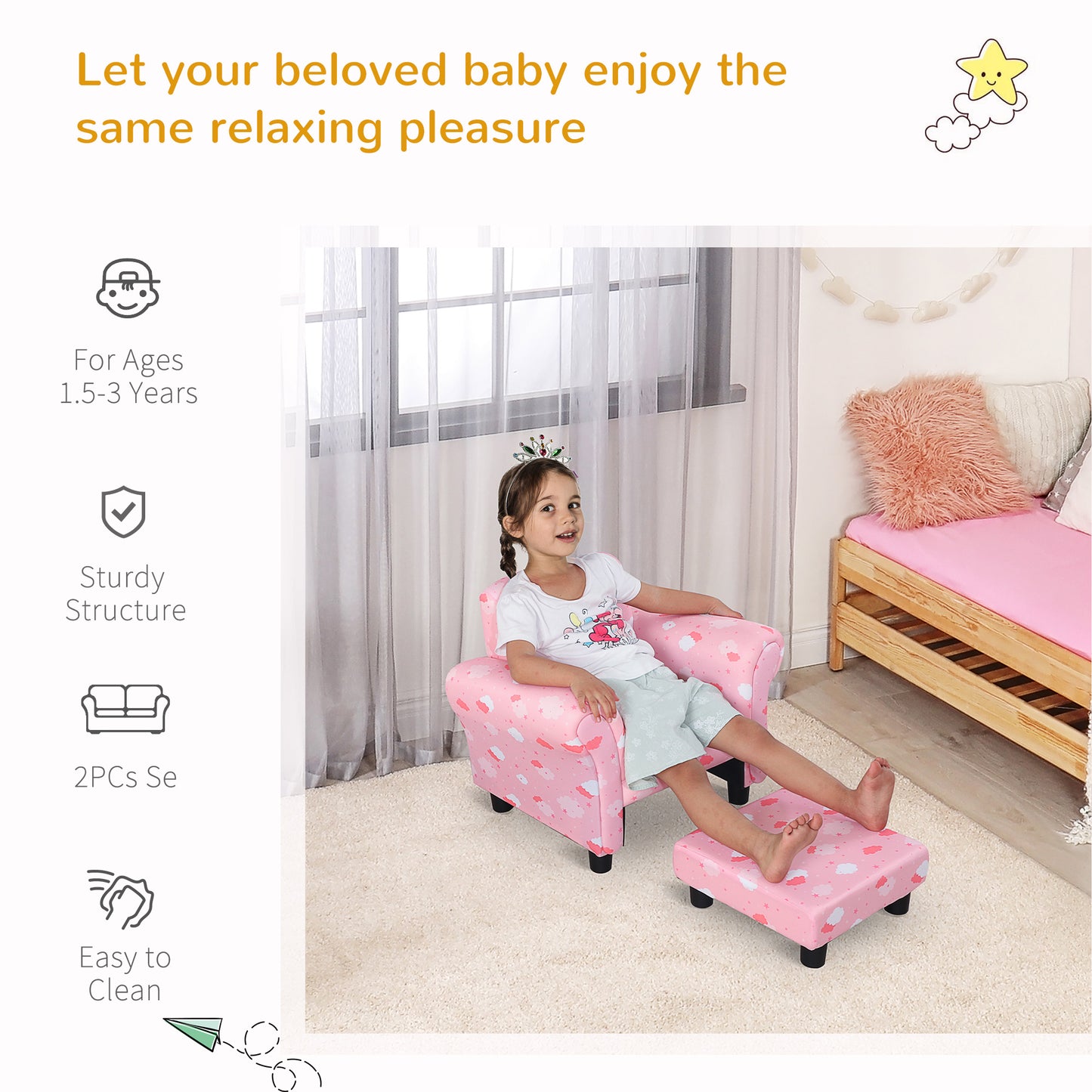 Toddler Chair Children's Armchairs Wood Frame w/ Footrest Anti-Slip