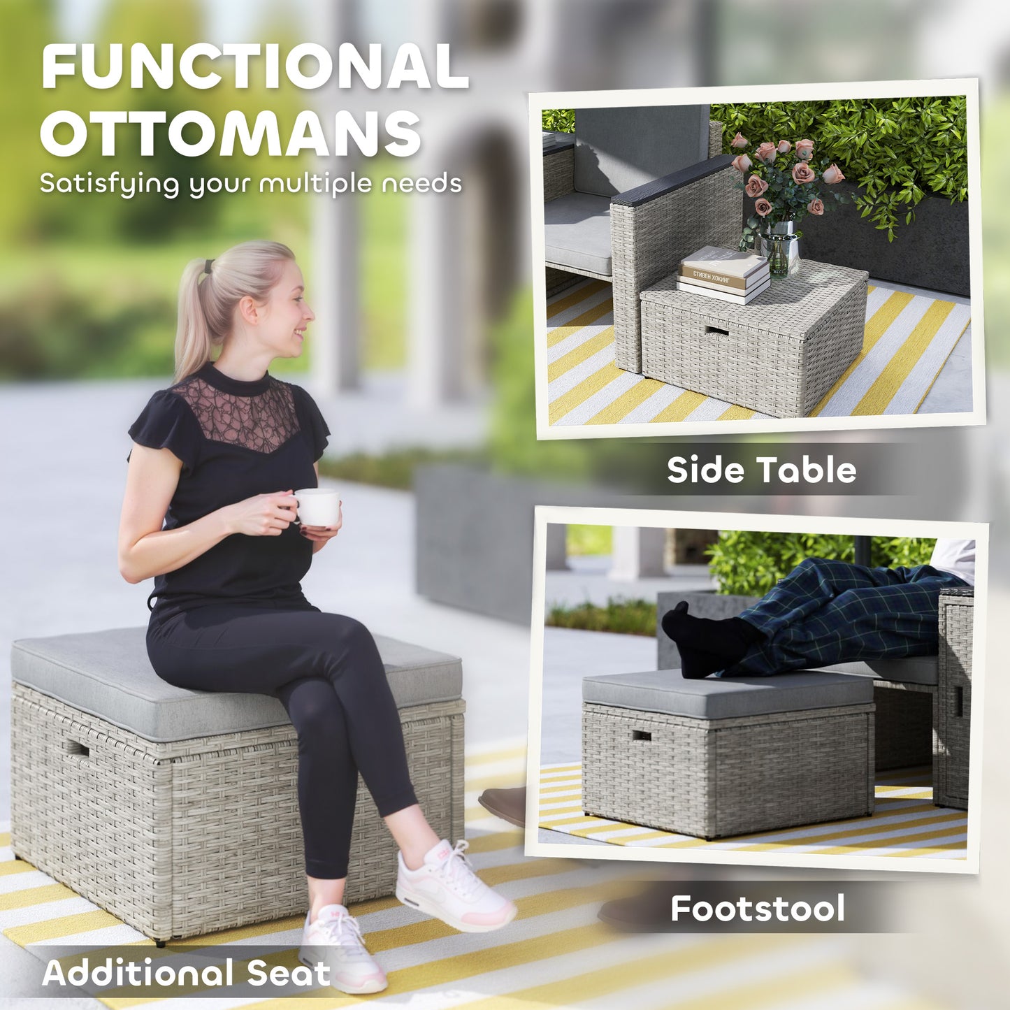 5 Piece Rattan Garden Furniture Set with Storage Table, Footstools