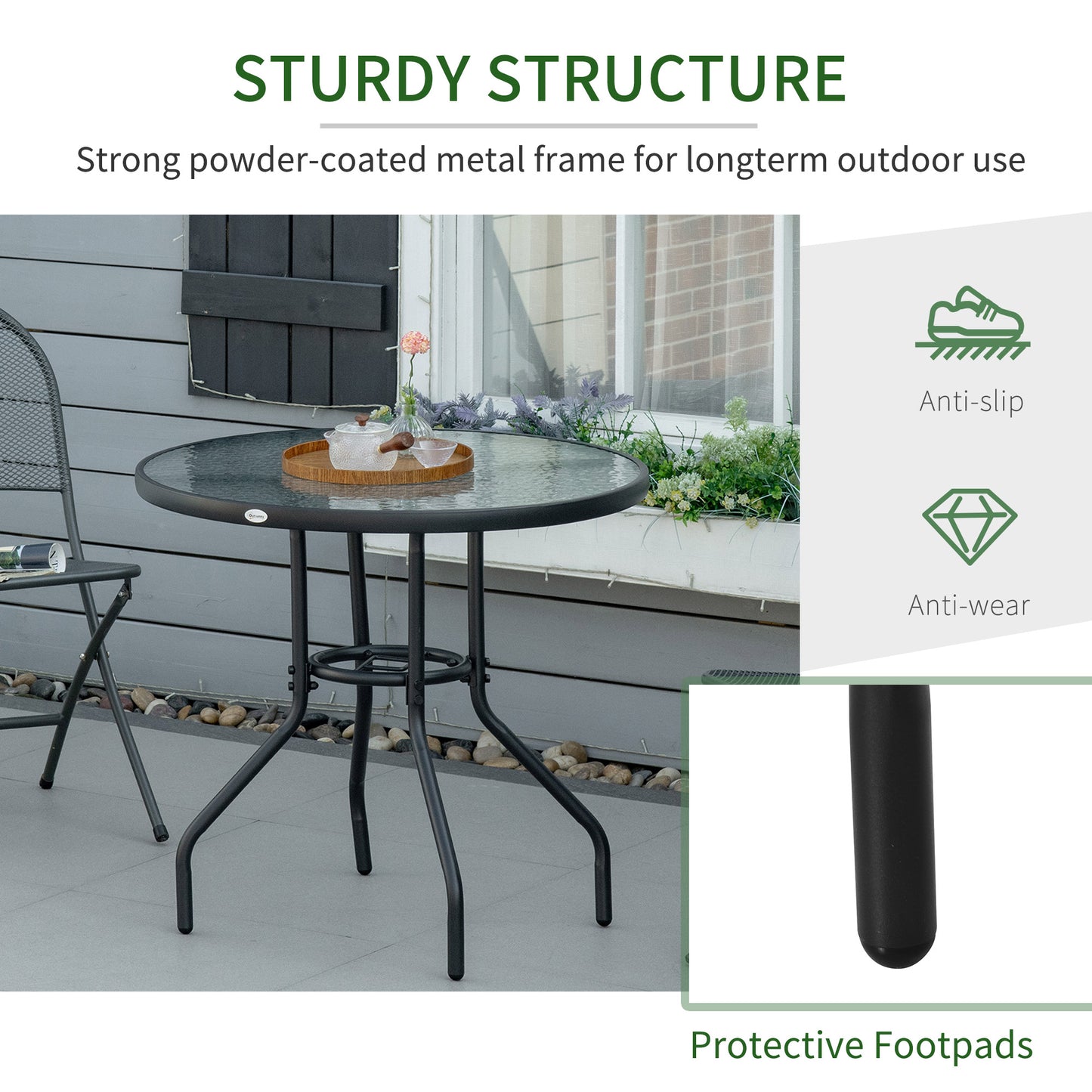 Outdoor φ80cm Round Dining Table Tempered Glass Top Steel Frame