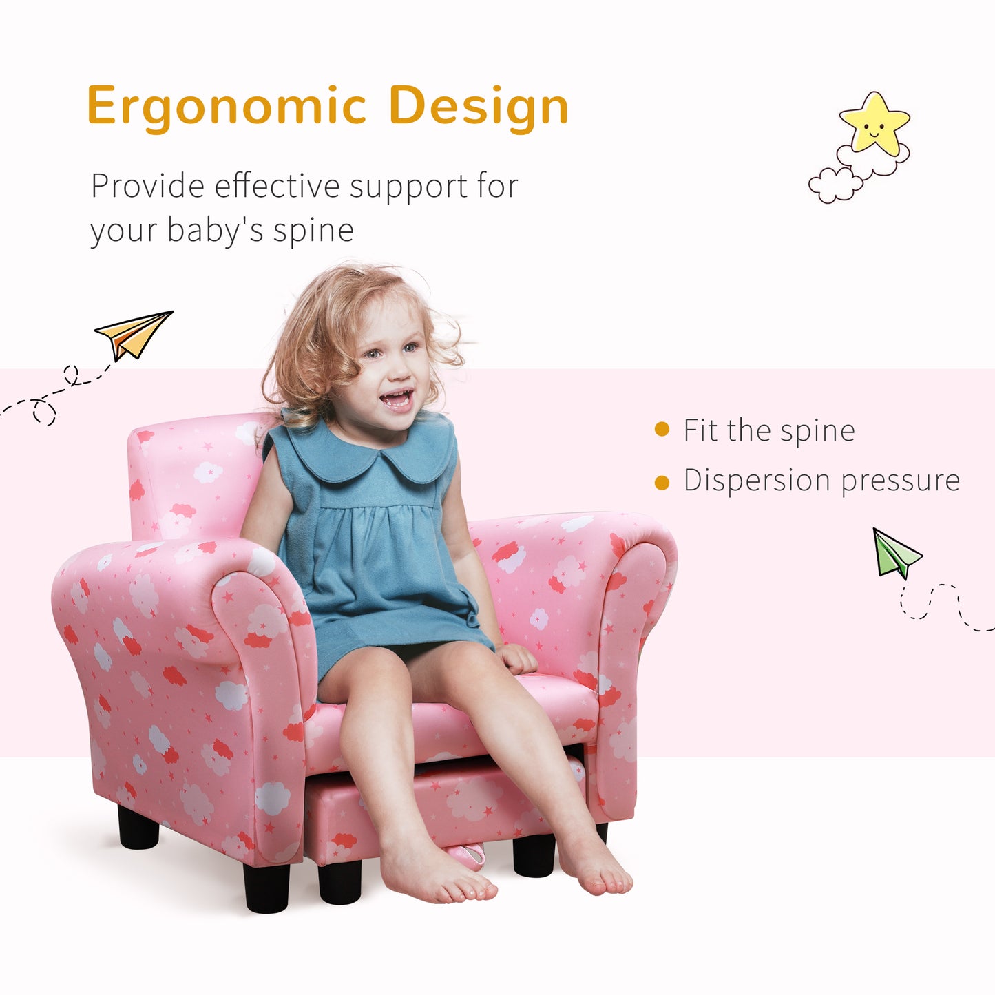 Toddler Chair Children's Armchairs Wood Frame w/ Footrest Anti-Slip