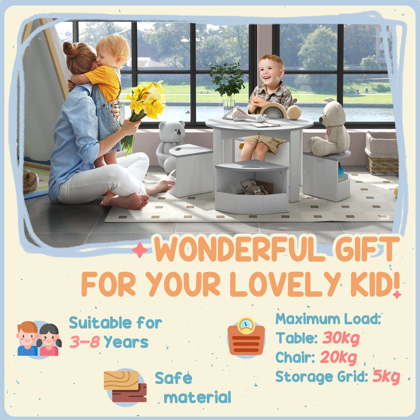 Five-Piece Kids Table and Chairs Set with Storage, for Ages 3-8 Years