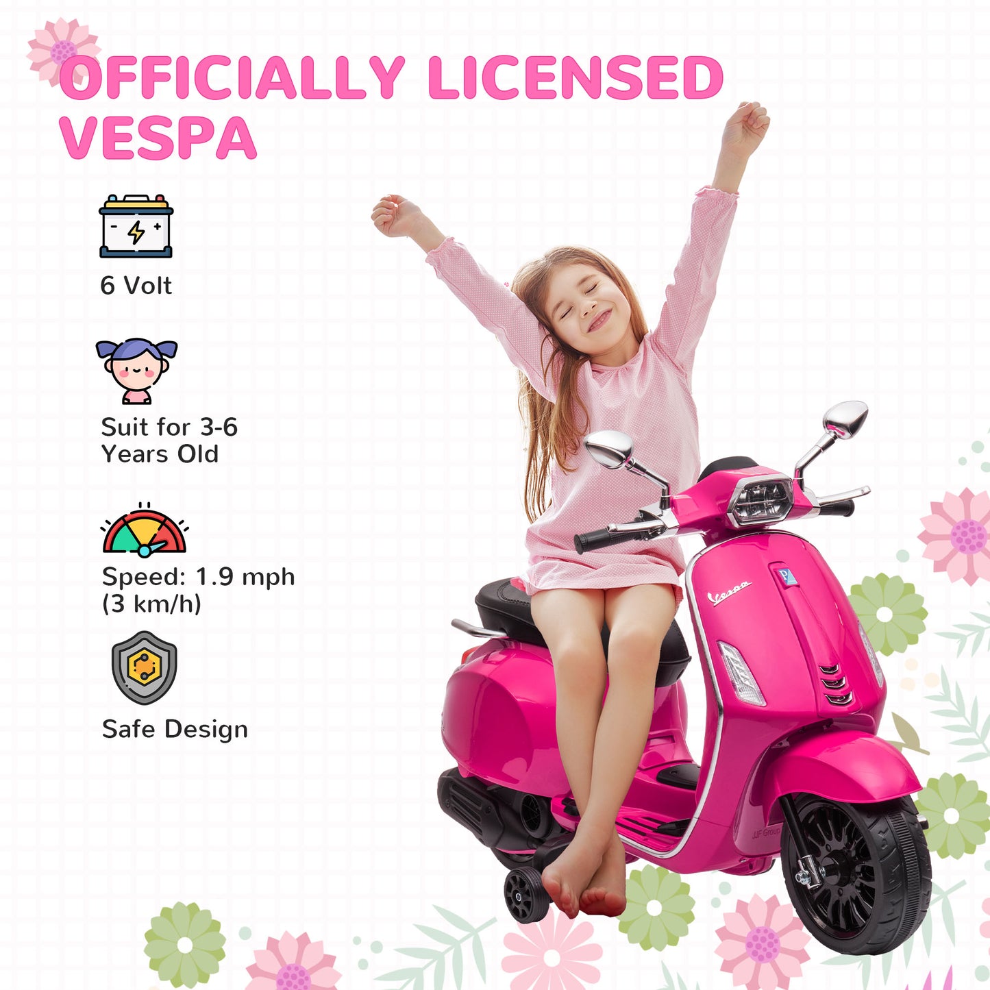 12V Vespa Licensed Kids Electric Motorbike w/ Music, Headlights