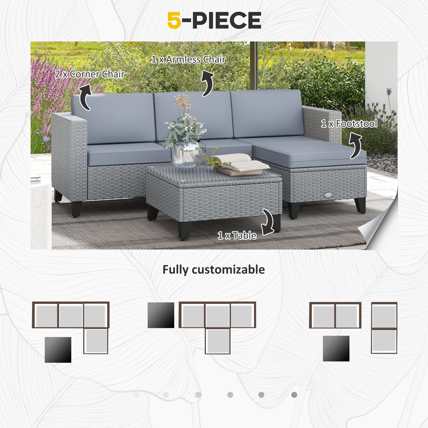 5-Piece Rattan Patio Furniture Set with Corner Sofa, Footstools