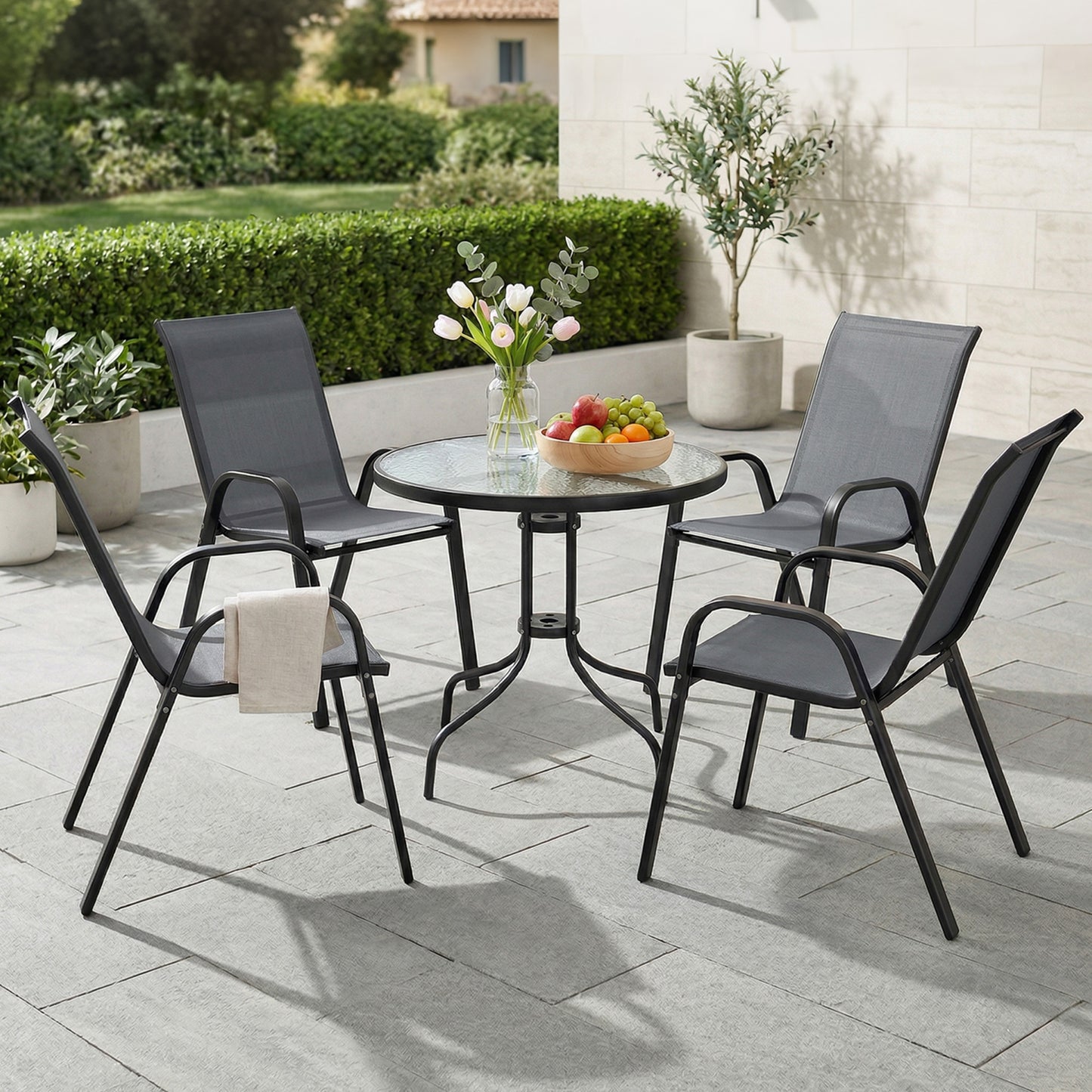 Five-Piece Steel Patio Set, with Glass-Top Table